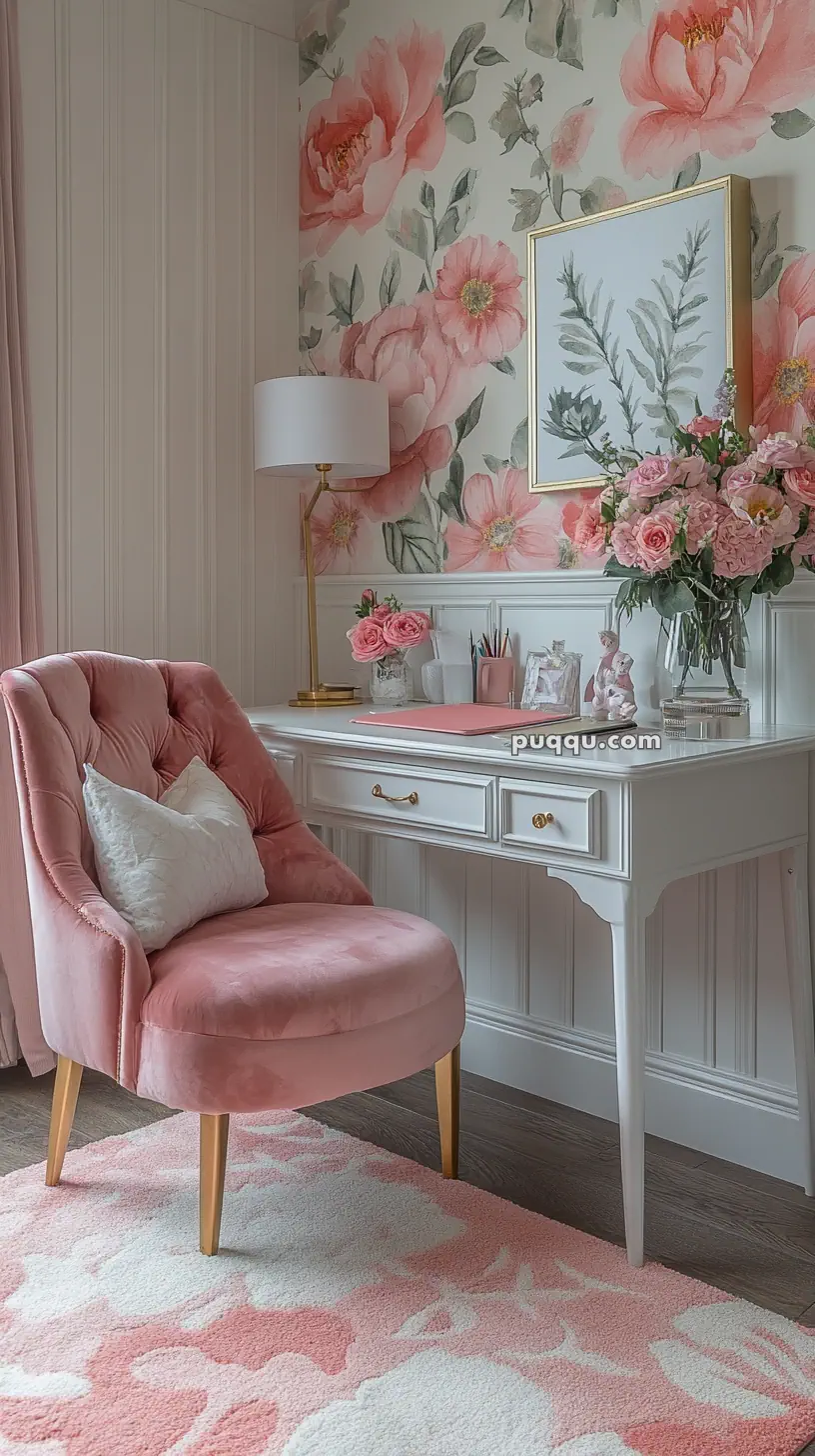 A stylish room with a pink velvet chair, floral wallpaper, a white desk with gold accents, and a vase of pink flowers.