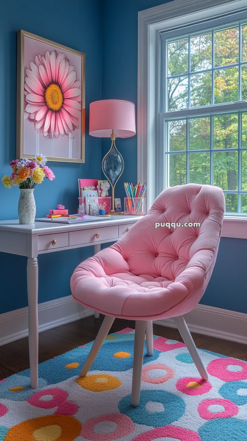 Cozy room with a pink cushioned chair, floral artwork, a white desk with stationery, and a multicolored polka dot rug.