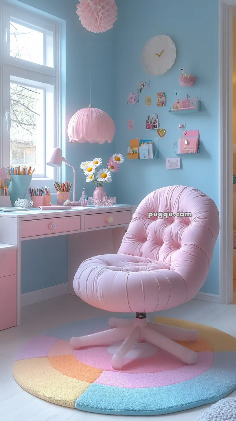 Stylish, pastel-colored workspace with a plush pink chair, rainbow rug, and a desk adorned with stationery and decor against a blue wall.