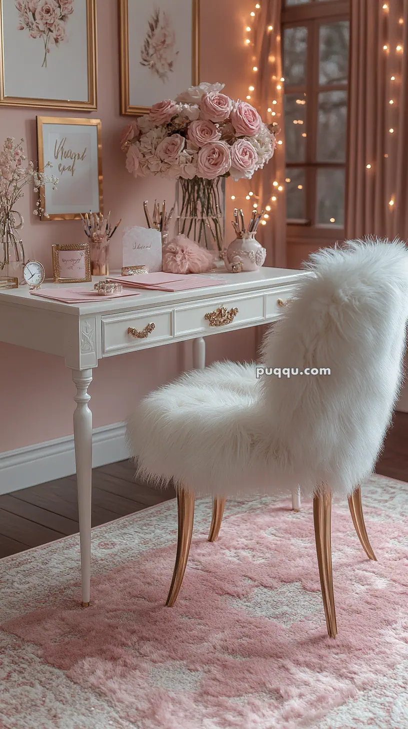 Elegant pink-themed desk setup with fluffy white chair, pink roses, decorative wall art, and string lights.