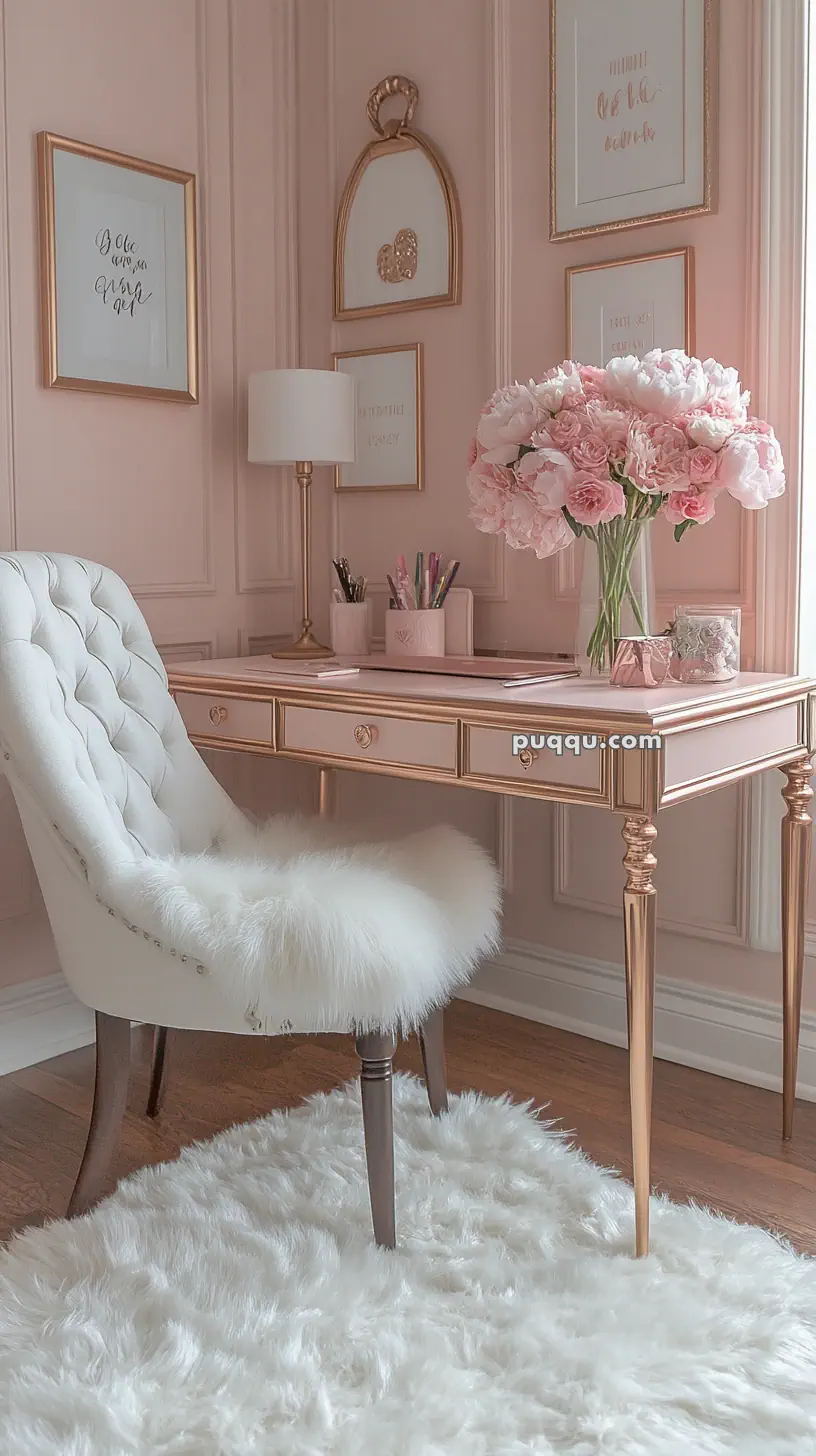 Elegant pink office space with a chic desk, fluffy white chair, gold accents, and a vase of pink flowers.