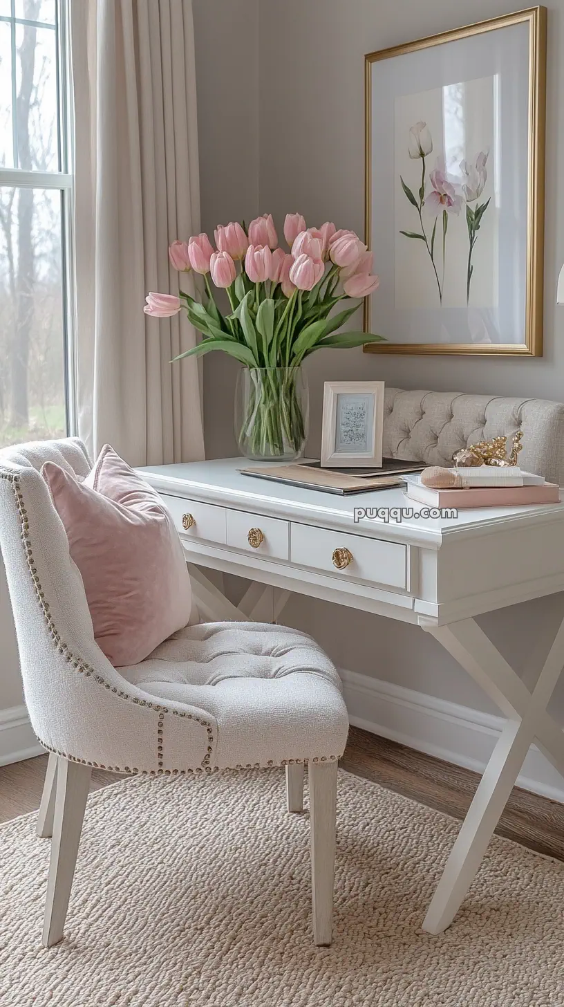 Elegant home office with a white desk, tufted cream chair, pink tulips in a vase, and wall art above the desk.