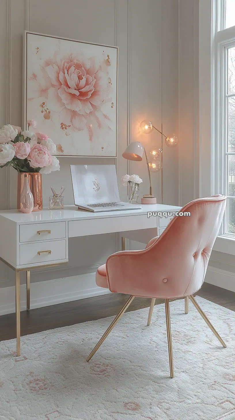 Elegant home office with a white desk, laptop, pink velvet chair, floral artwork, and decorative lighting.