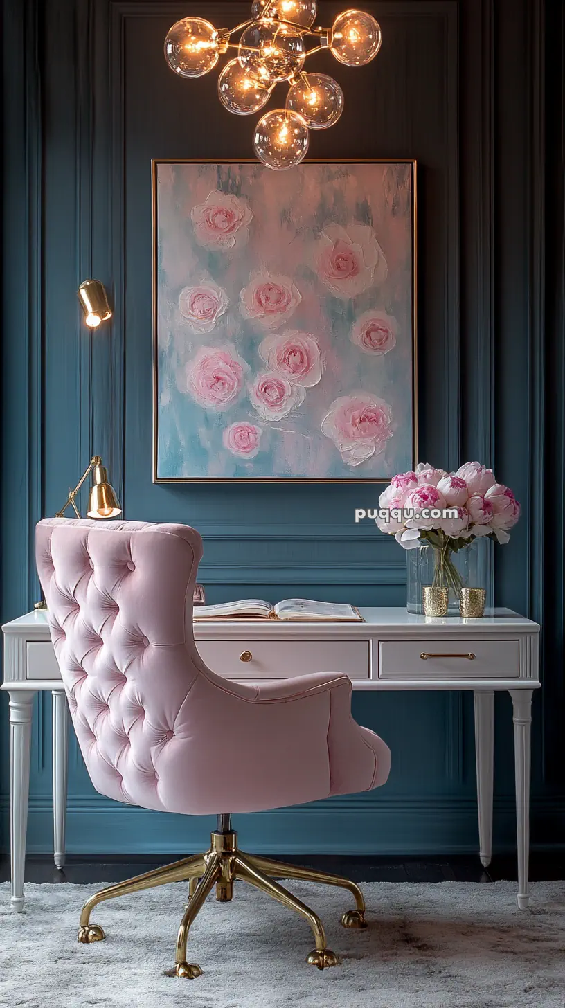 Elegant home office with a pink tufted chair, a white desk, and a floral painting on a teal wall. A glass vase of pink flowers and a modern chandelier add decorative touches.