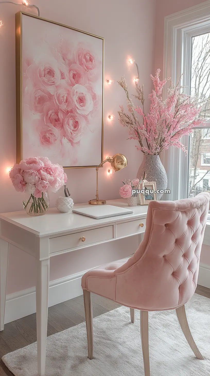 Elegant workspace with a white desk, pink tufted chair, gold desk lamp, surrounded by pink floral decor and string lights.