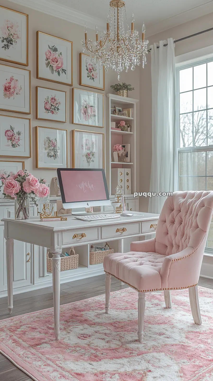 Elegant home office with a white desk, tufted pink chair, floral rug, computer, chandelier, and floral artwork on the walls.