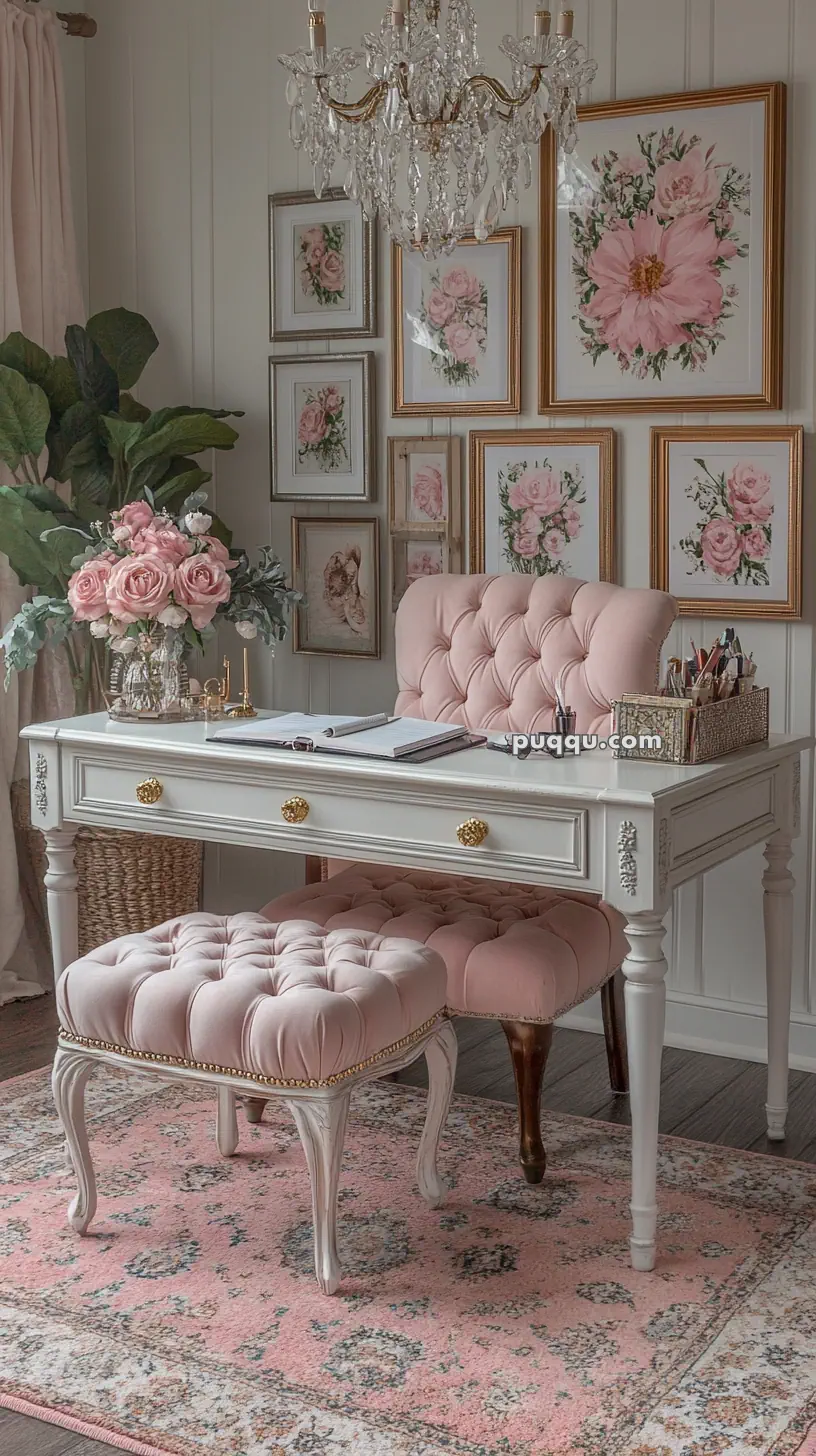 Elegant home office with a pink upholstered chair and ottoman, white desk with gold accents, floral wall art, and a crystal chandelier above.