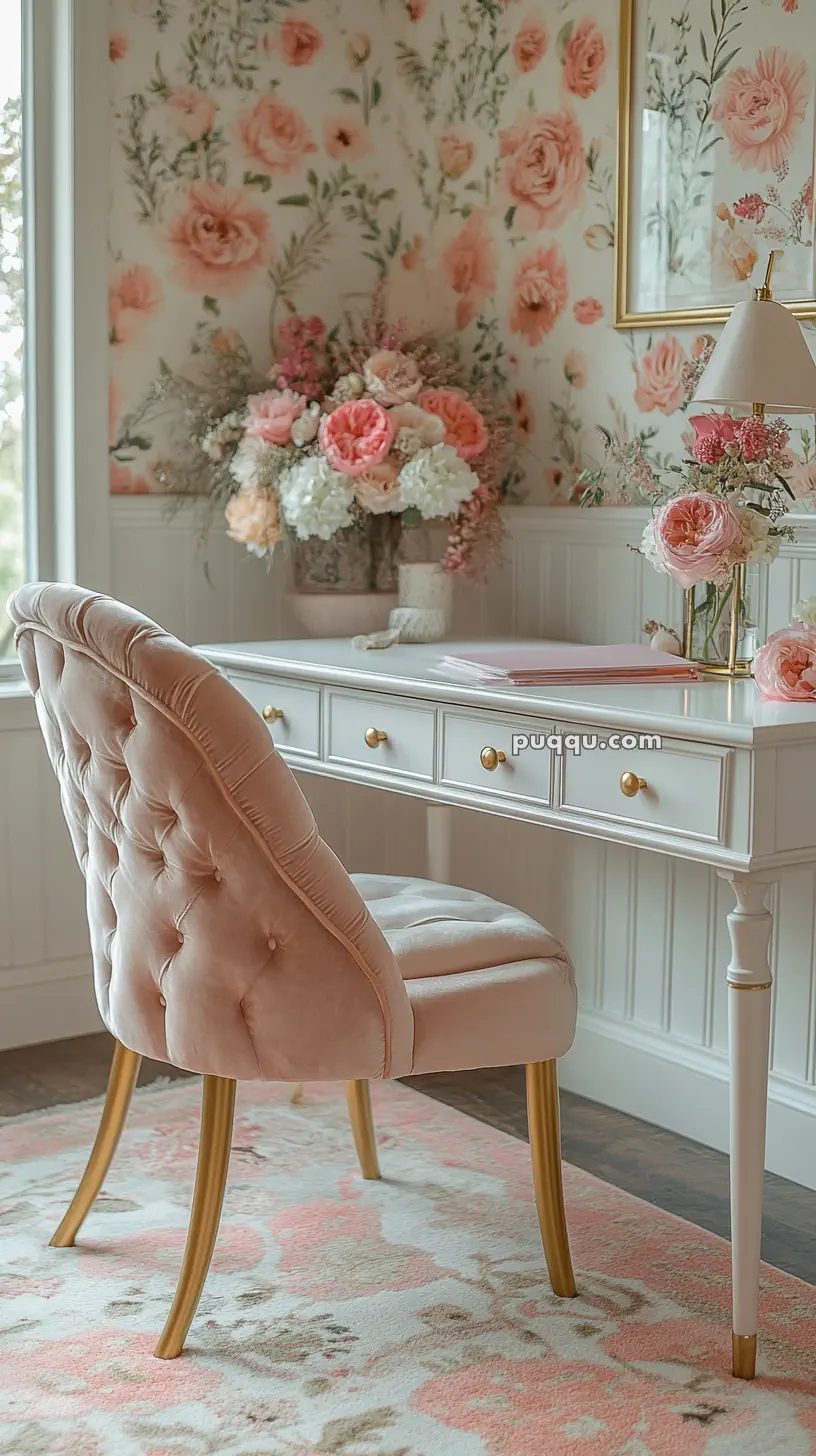 Elegant home office with a white desk, pink velvet chair, floral wallpaper, and decorative flowers.