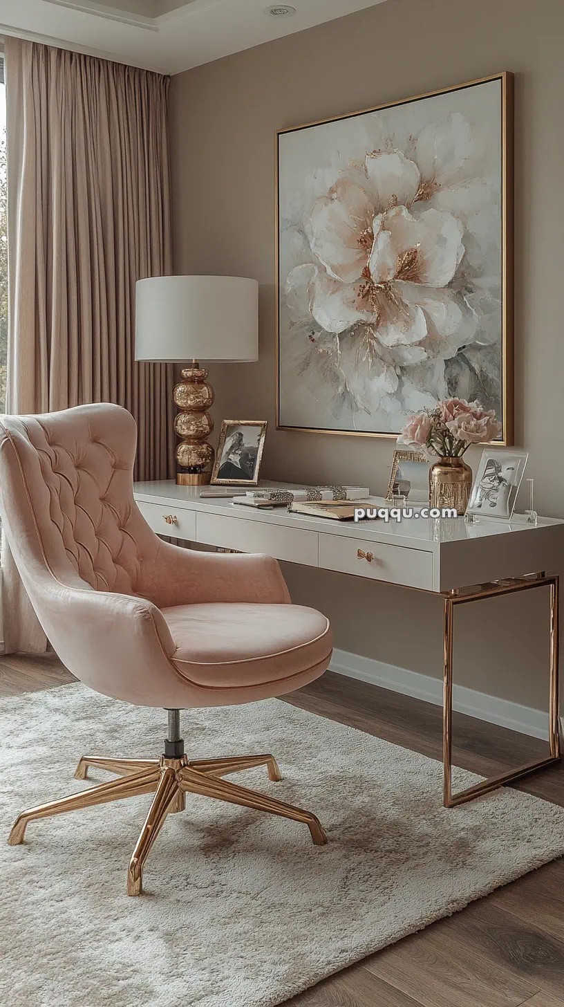 Elegant home office with a plush pink chair, a white desk, a large floral painting, and decorative items on the desk.