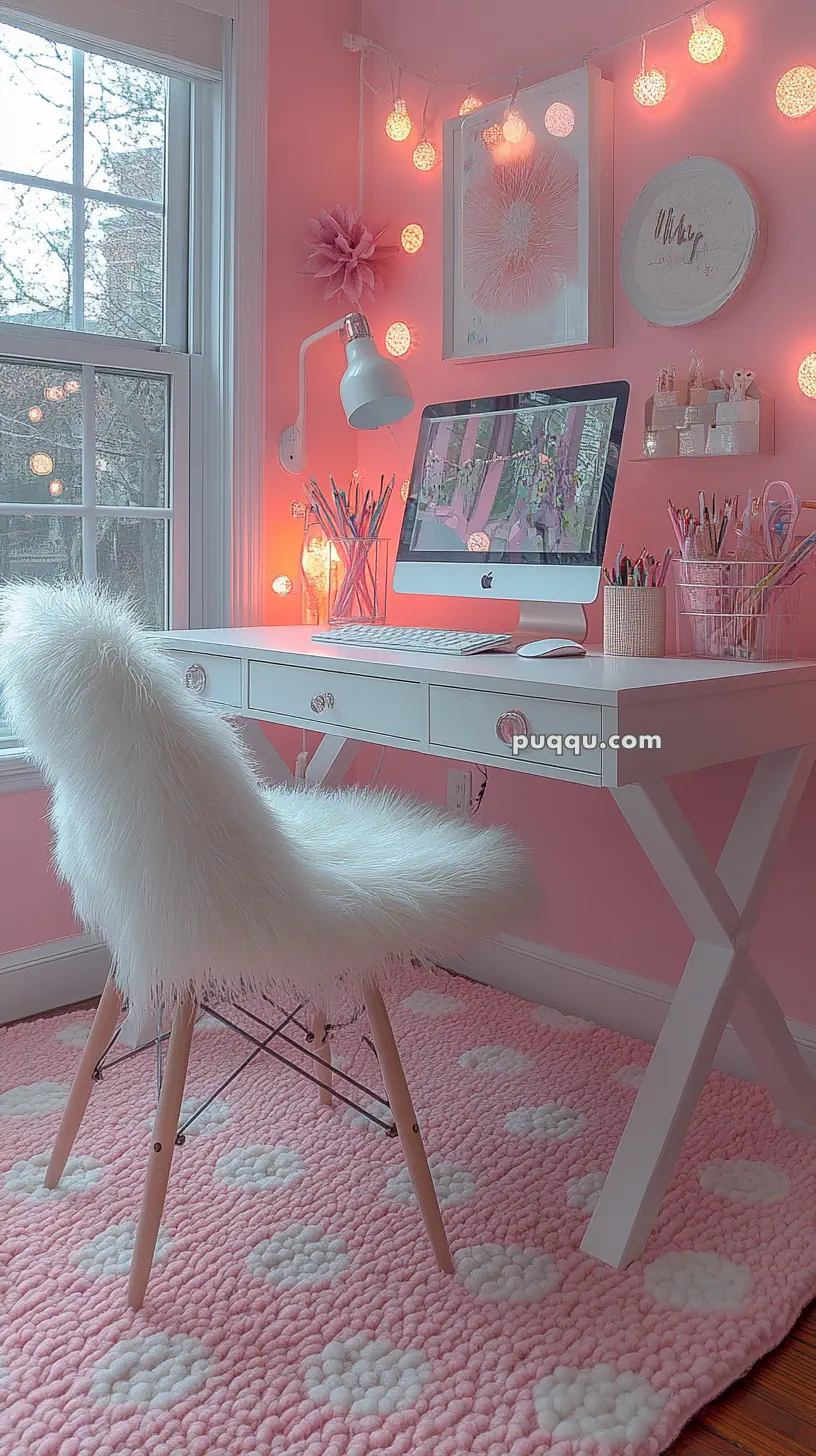 A pink-themed study area with a white desk, a furry chair, a computer, and various stationery items. Soft globe string lights decorate the wall above, and a window shows a tree view outside.