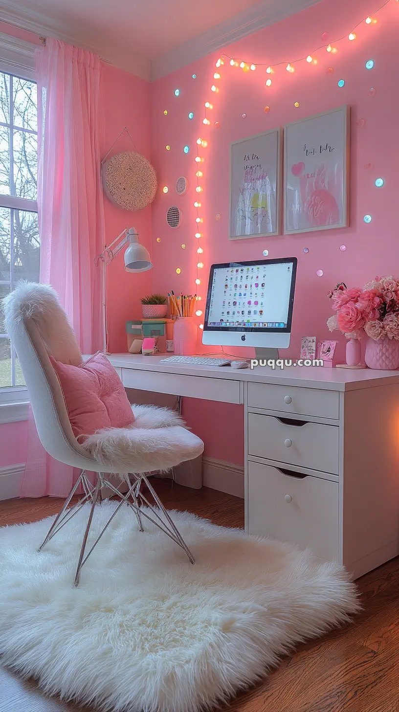 Pink-themed home office with a computer on a white desk, upholstered chair, string lights, decorative wall art, and floral accents.