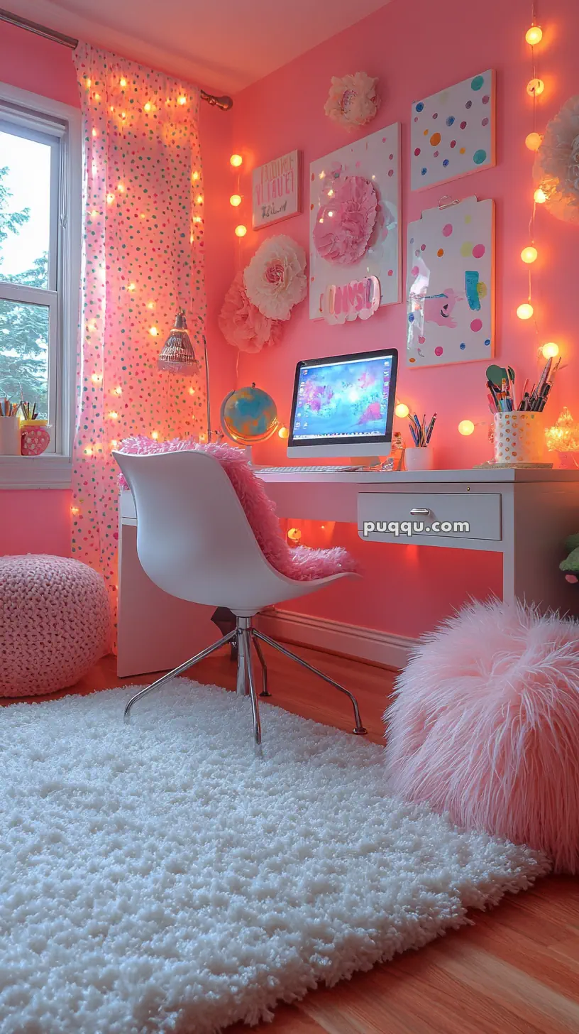 A cozy and colorful workspace with a pink theme, featuring a desk, white chair, computer, globe, string lights, wall art, and fluffy decor elements.