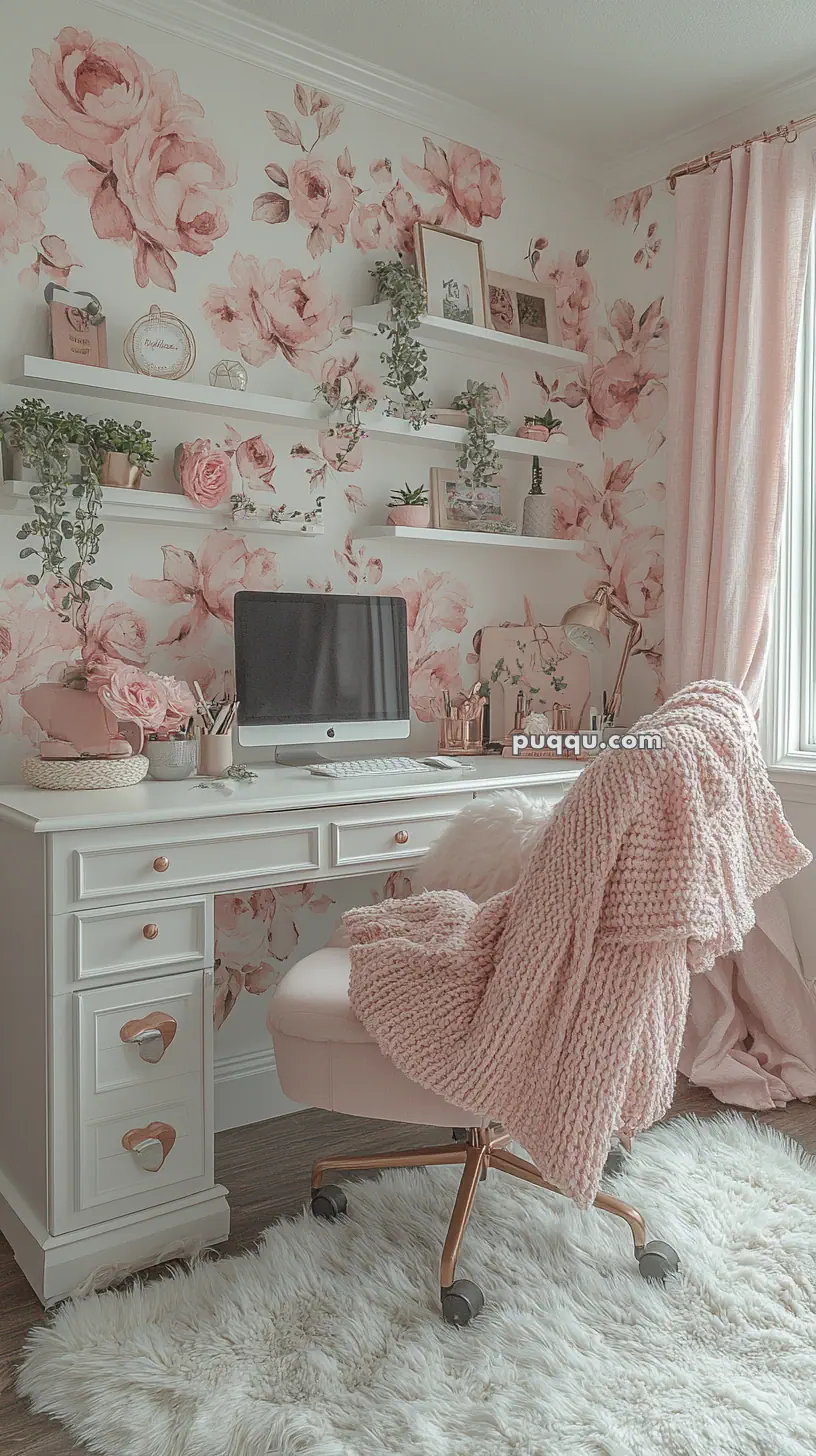 A home office space with a floral wallpaper, white desk and chair, and pink decor, including a throw blanket and curtains.