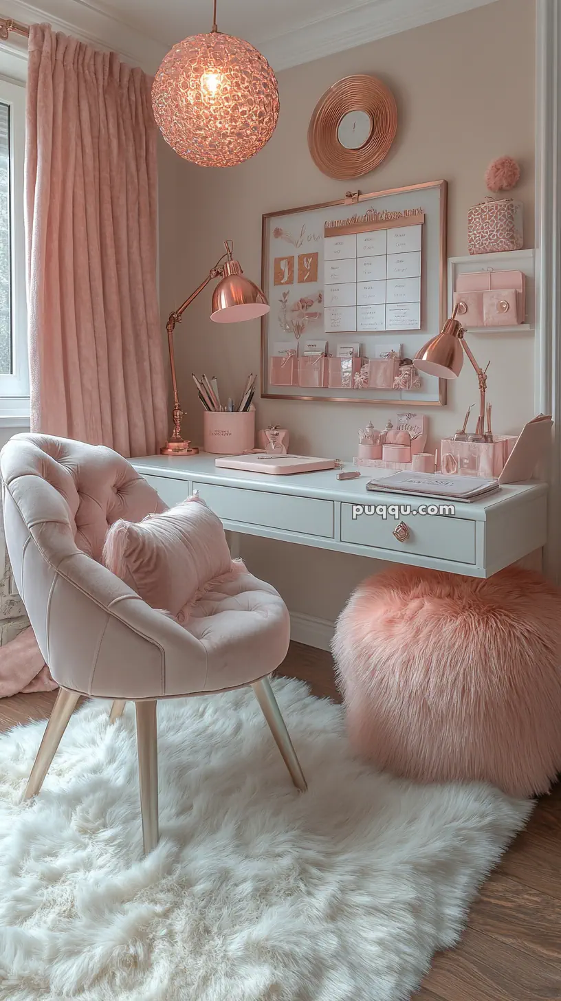 Stylish pink-themed home office with a plush chair, soft rug, modern desk, and rose gold accents.