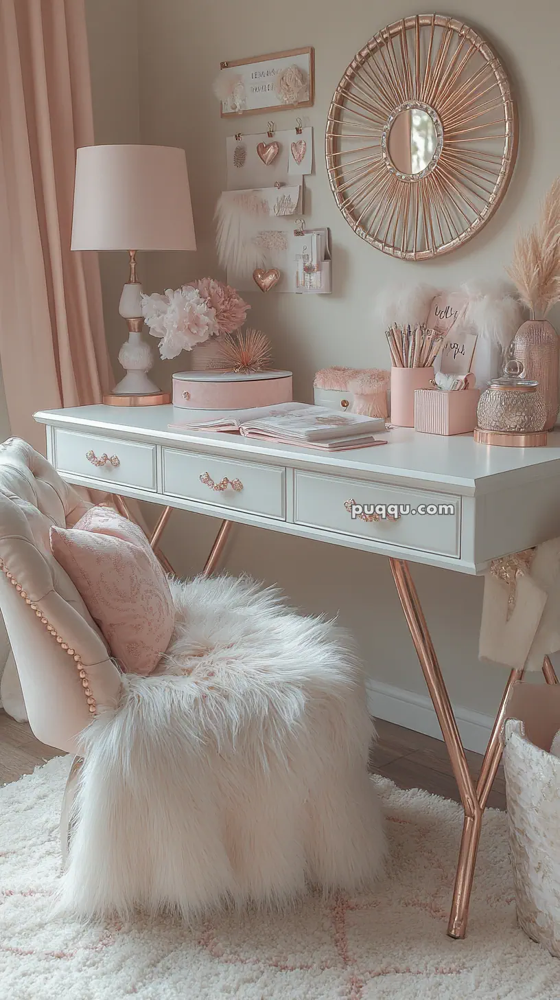 A chic feminine workspace with a white desk and rose gold accents, a fluffy pink chair, decorative wall hangings, and various pink and gold desk accessories.