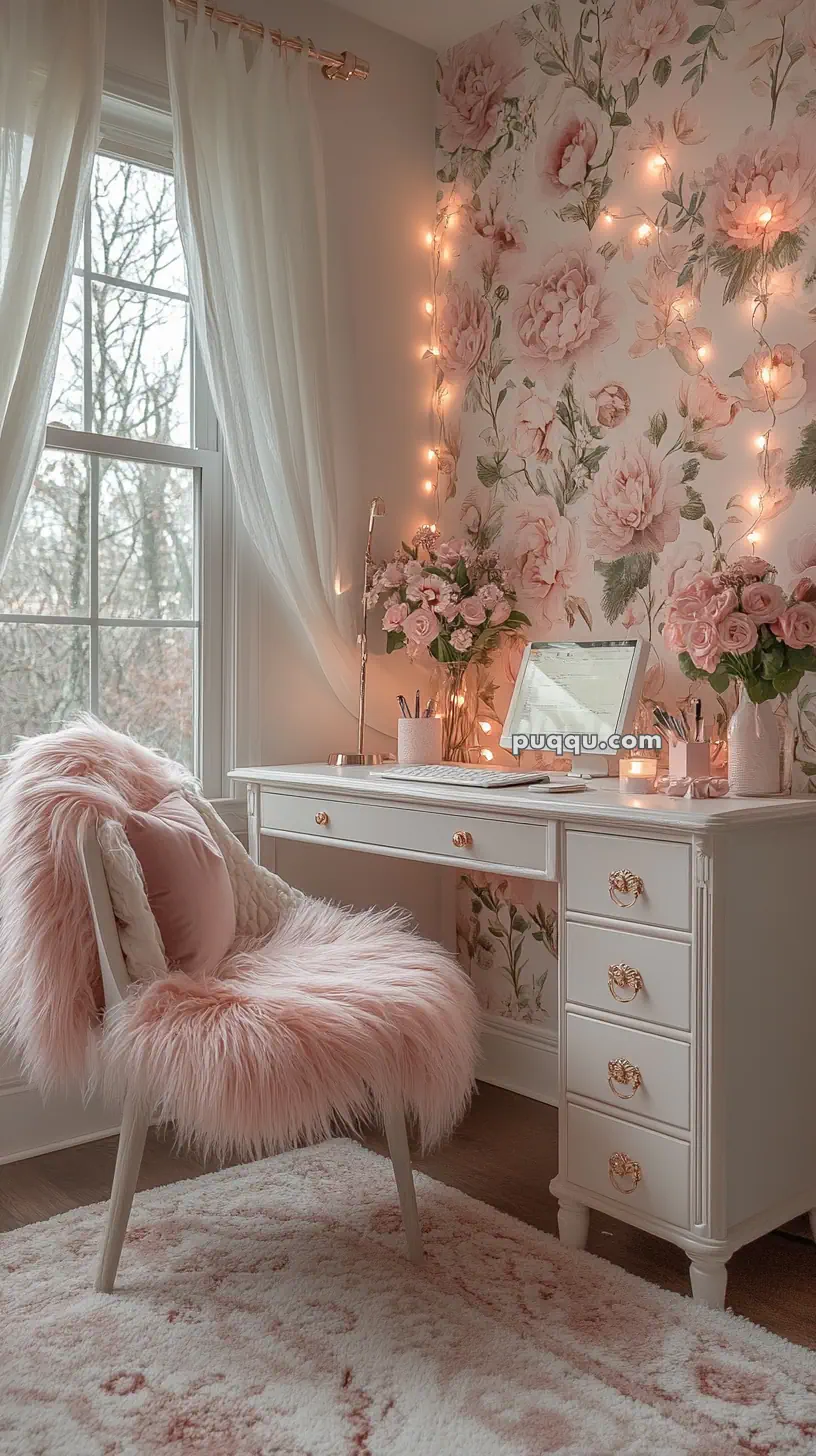 Cozy home office with a floral accent wall, white desk, pink fur chair, and soft lighting.