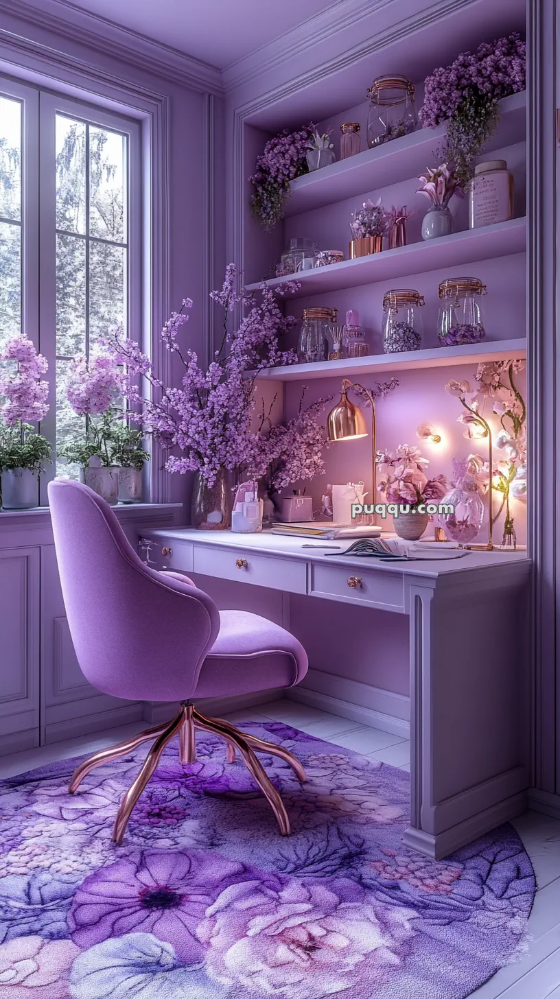 A purple-themed study room with a velvet chair, floral decorations, and a desk with shelves adorned with flowers and jars.