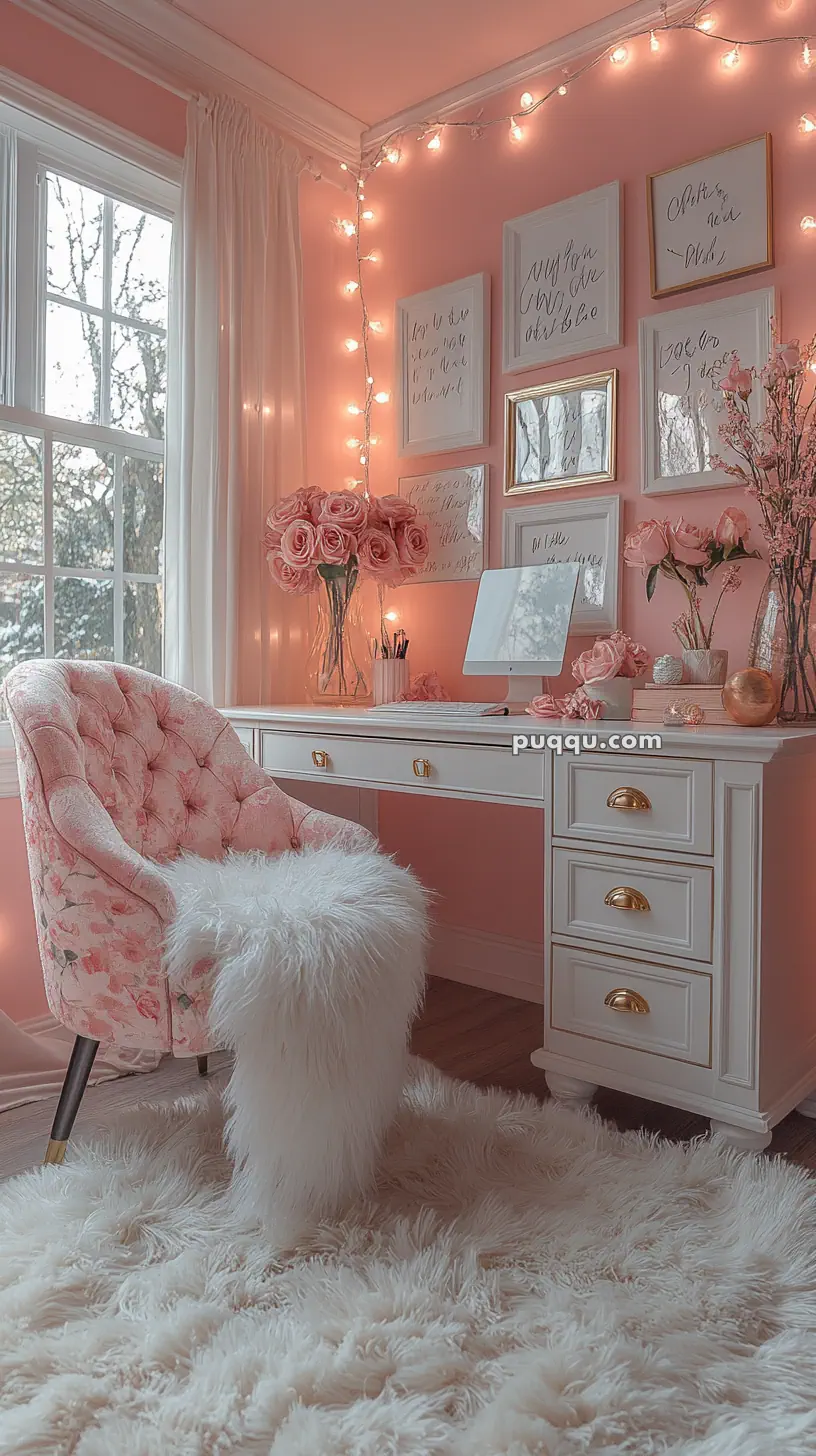 A cozy pink-themed home office with string lights, a tufted chair, a fluffy rug, flowers, and wall art.