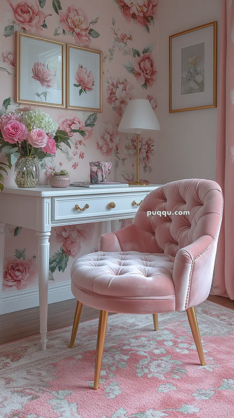 Elegant room with floral wallpaper, a tufted pink chair, white desk, floral decor, and framed flower artwork.