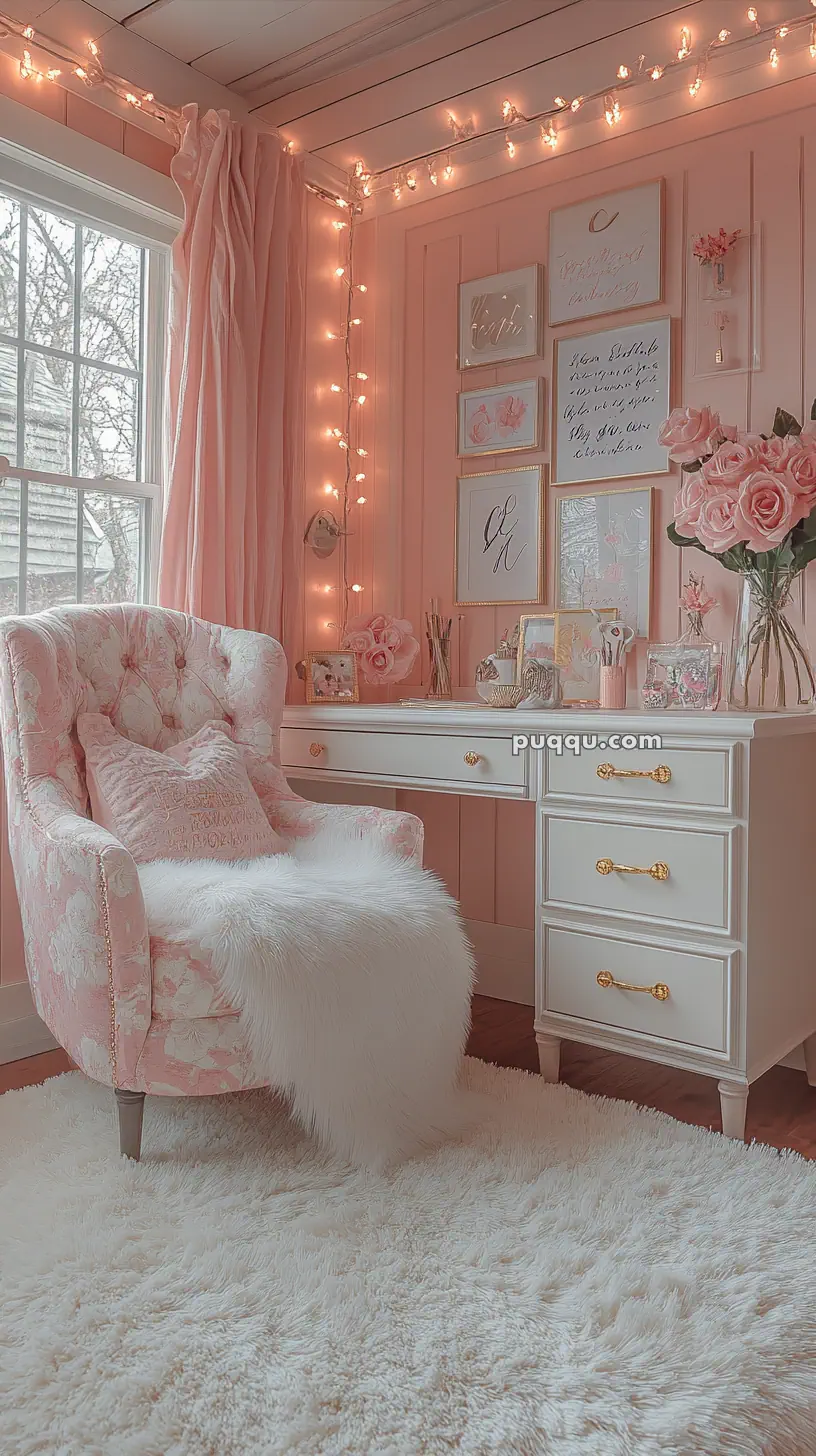 Cozy pink-themed room with an armchair, fluffy rug, decorated desk, and string lights.