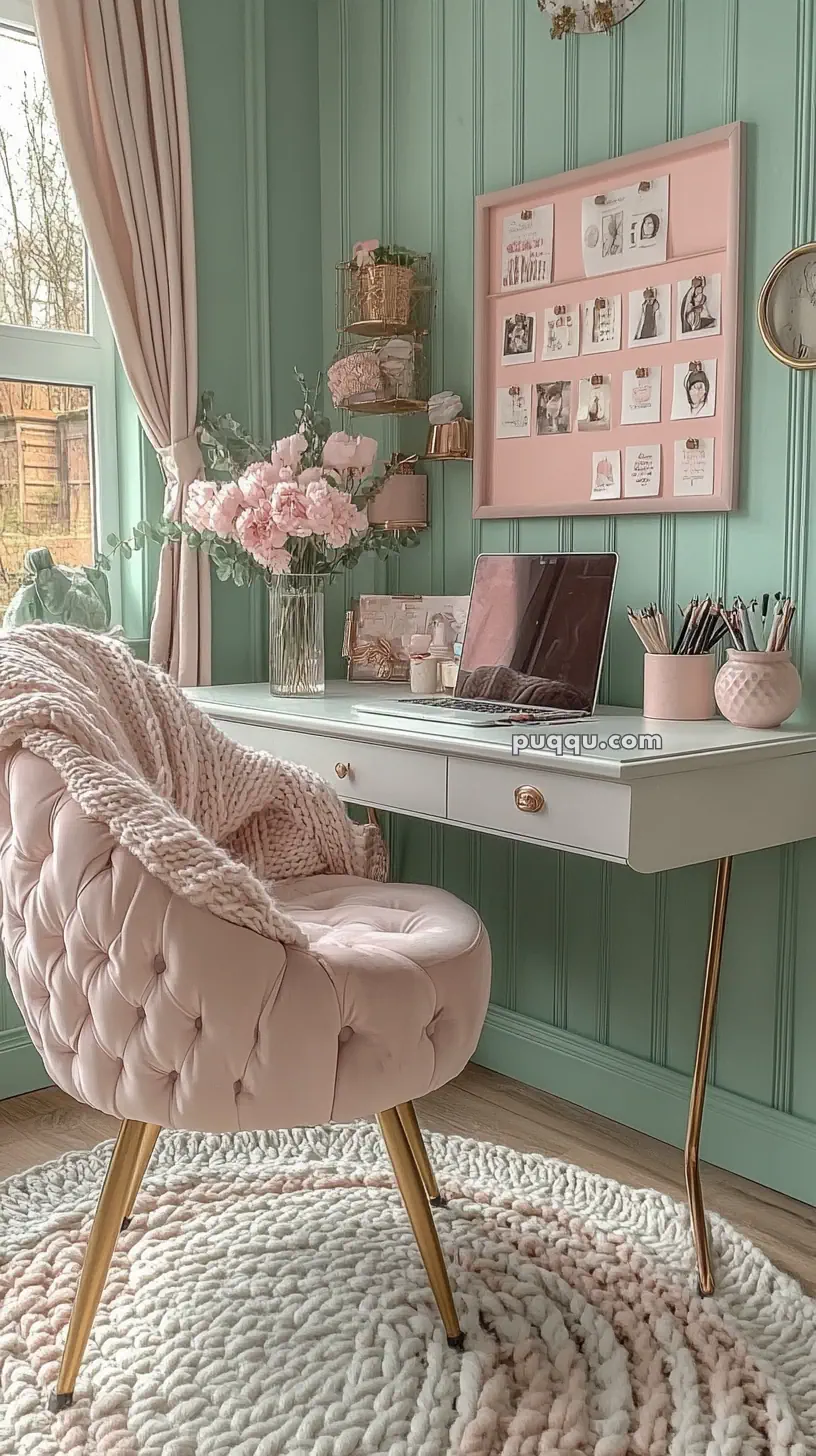 Elegant pastel-themed home office with a tufted pink chair, a white desk, a laptop, floral decor, a pinboard, and a knitted rug.