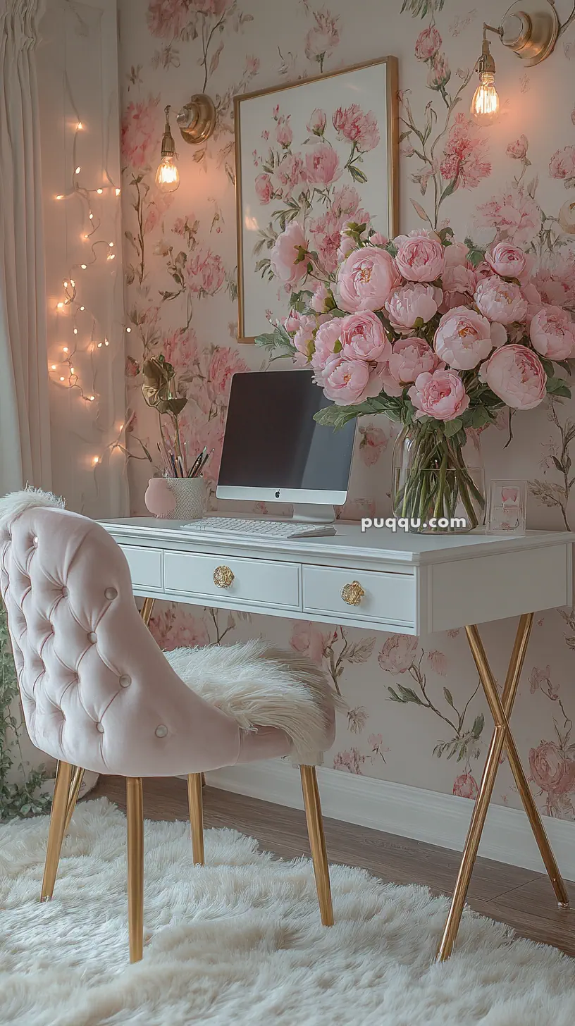 A stylish home office setup with a white desk and gold legs, featuring a computer, a large bouquet of pink flowers, and a pink tufted chair on a fluffy rug. The floral wallpaper and string lights add a cozy ambiance.