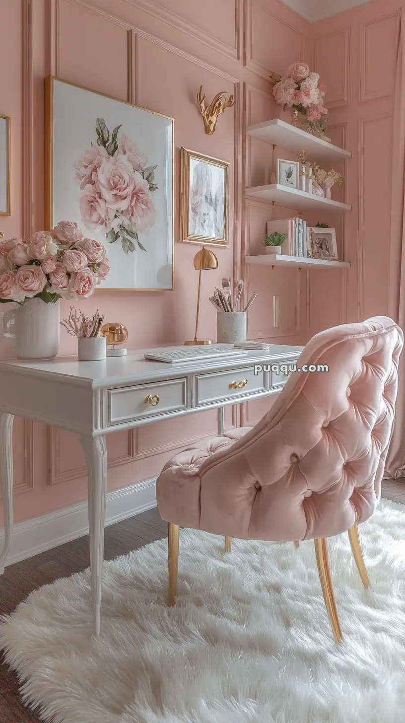 Elegant home office with pink walls, a white desk, gold accents, floral artwork, and a plush pink chair on a white fluffy rug.