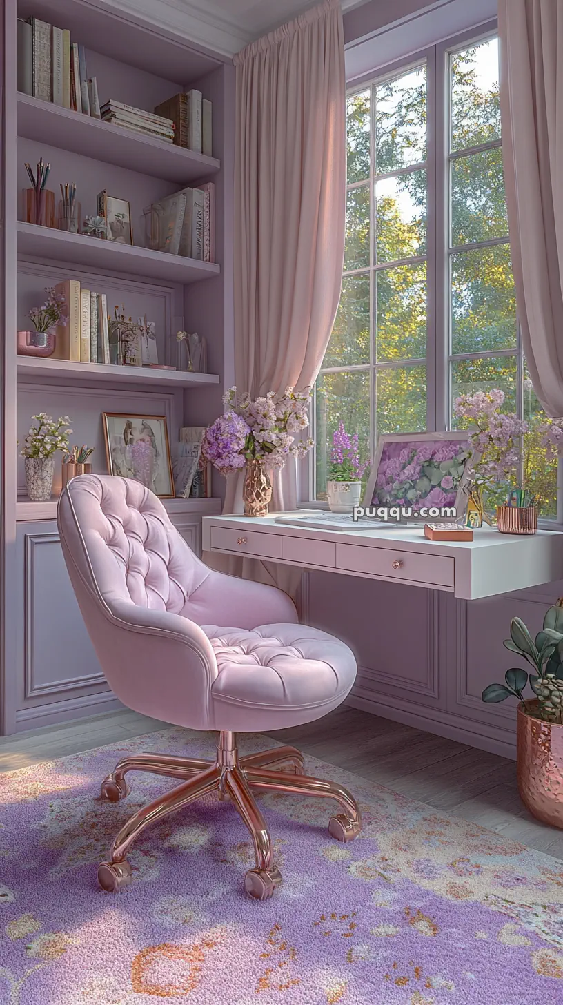 A cozy office space with a tufted pink chair, a desk with a laptop, flowers, and shelves filled with books, all in soft pastel tones with sunlight streaming through a large window.