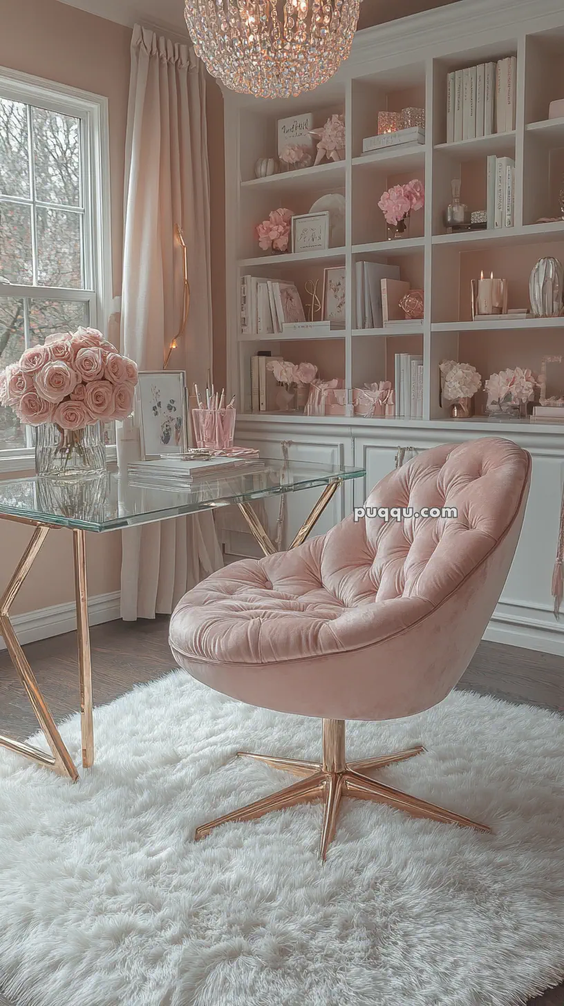 Elegant room with a blush pink swivel chair, glass desk, and gold accents. Shelves with books and decor, large window, plush white rug, and crystal chandelier.