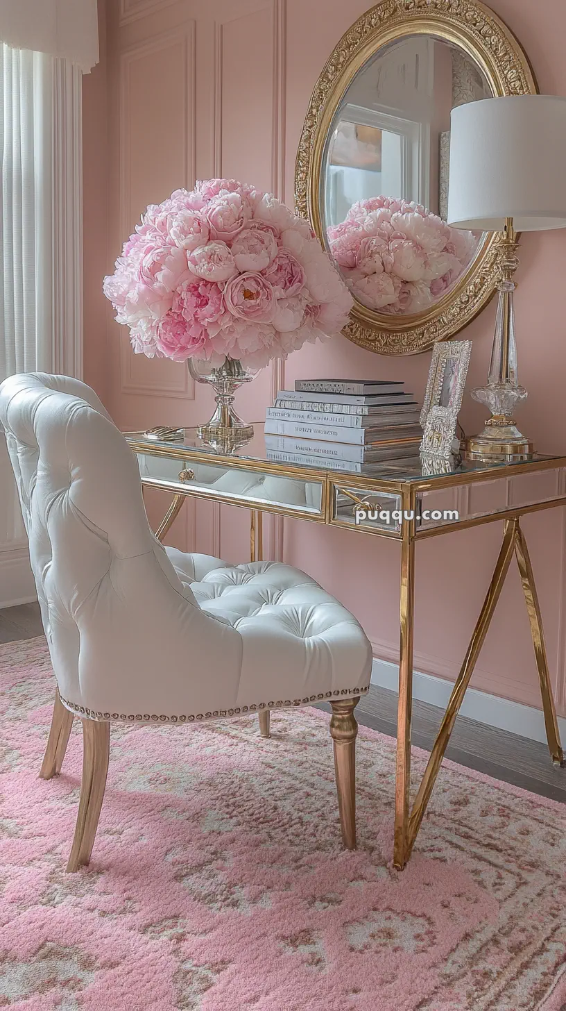 Elegant vanity setup with a white tufted chair, a mirrored desk with gold accents, a pink floral arrangement, and a round gold-framed mirror.