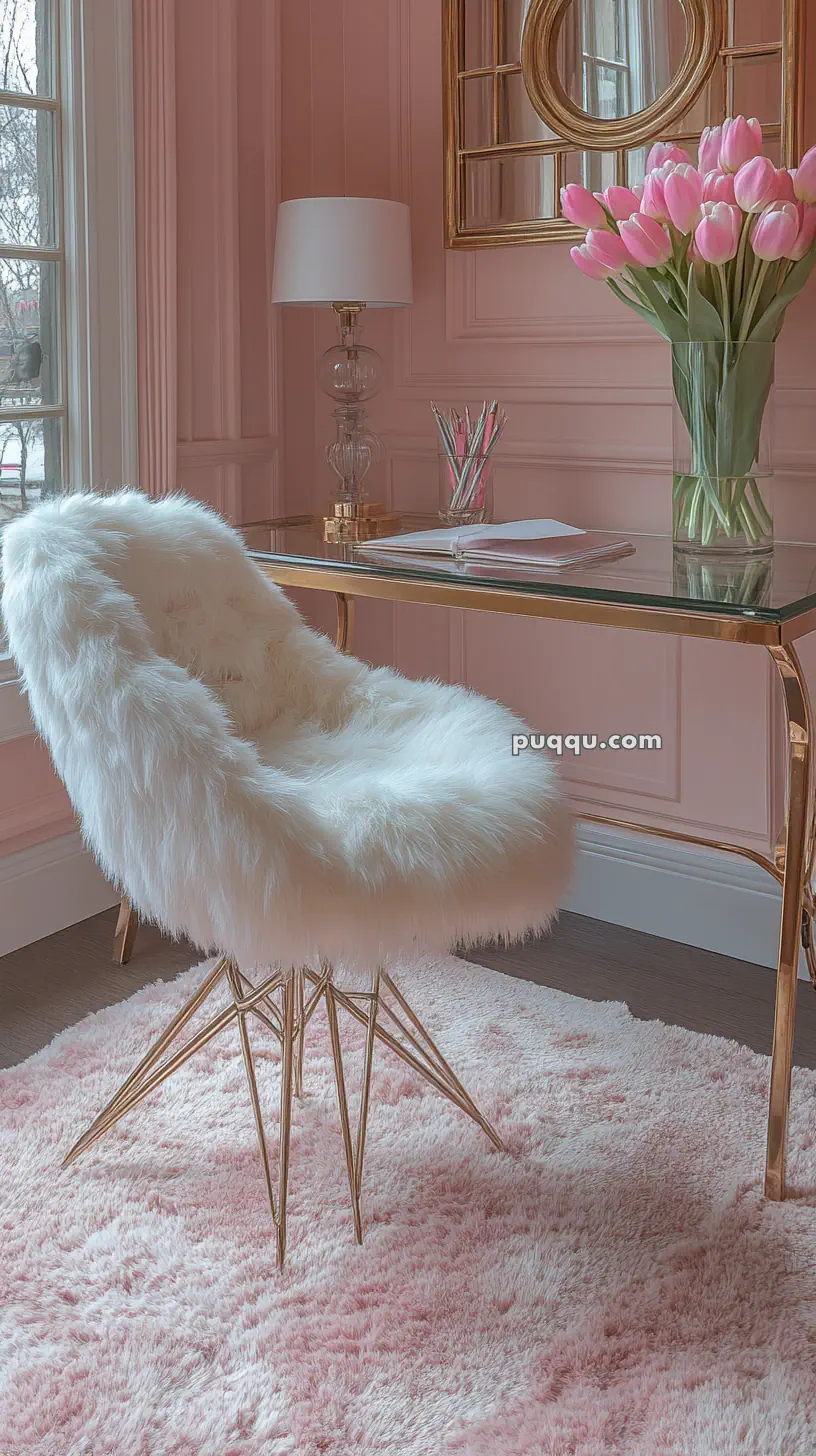 Stylish pink room with a fluffy white chair, glass desk, pink tulips in a vase, and a pink rug.