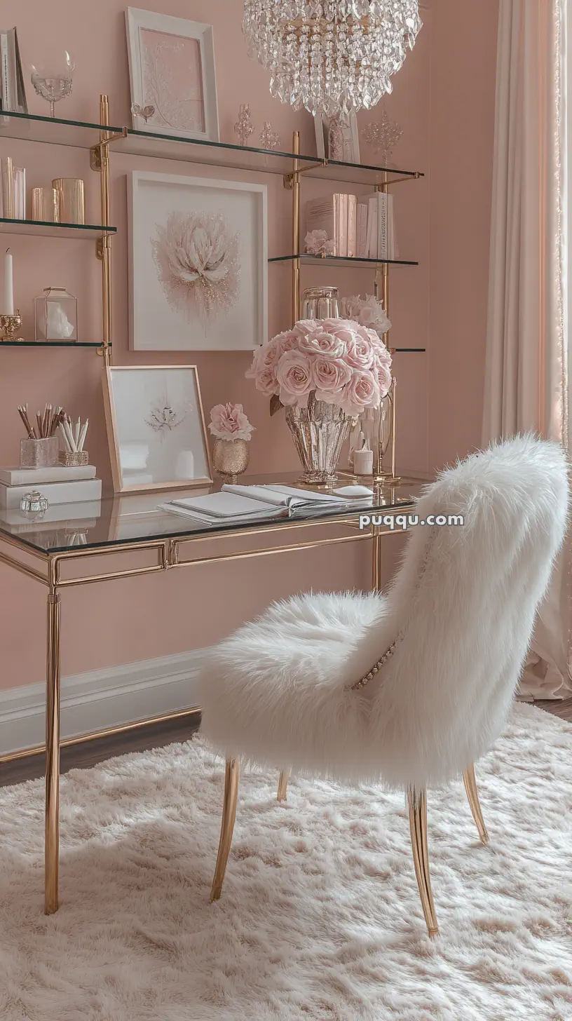 Elegant pink and gold home office with a glass desk, fluffy white chair, crystal chandelier, and decorative wall art.