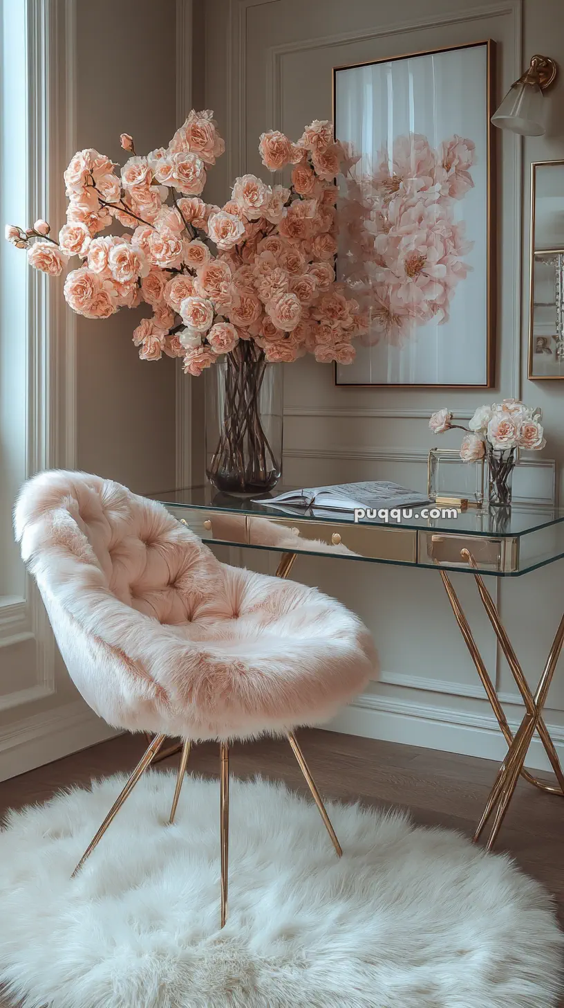 Elegant home office setup featuring a plush pink chair, a glass desk with gold accents, and a vase with abundant pink flowers.