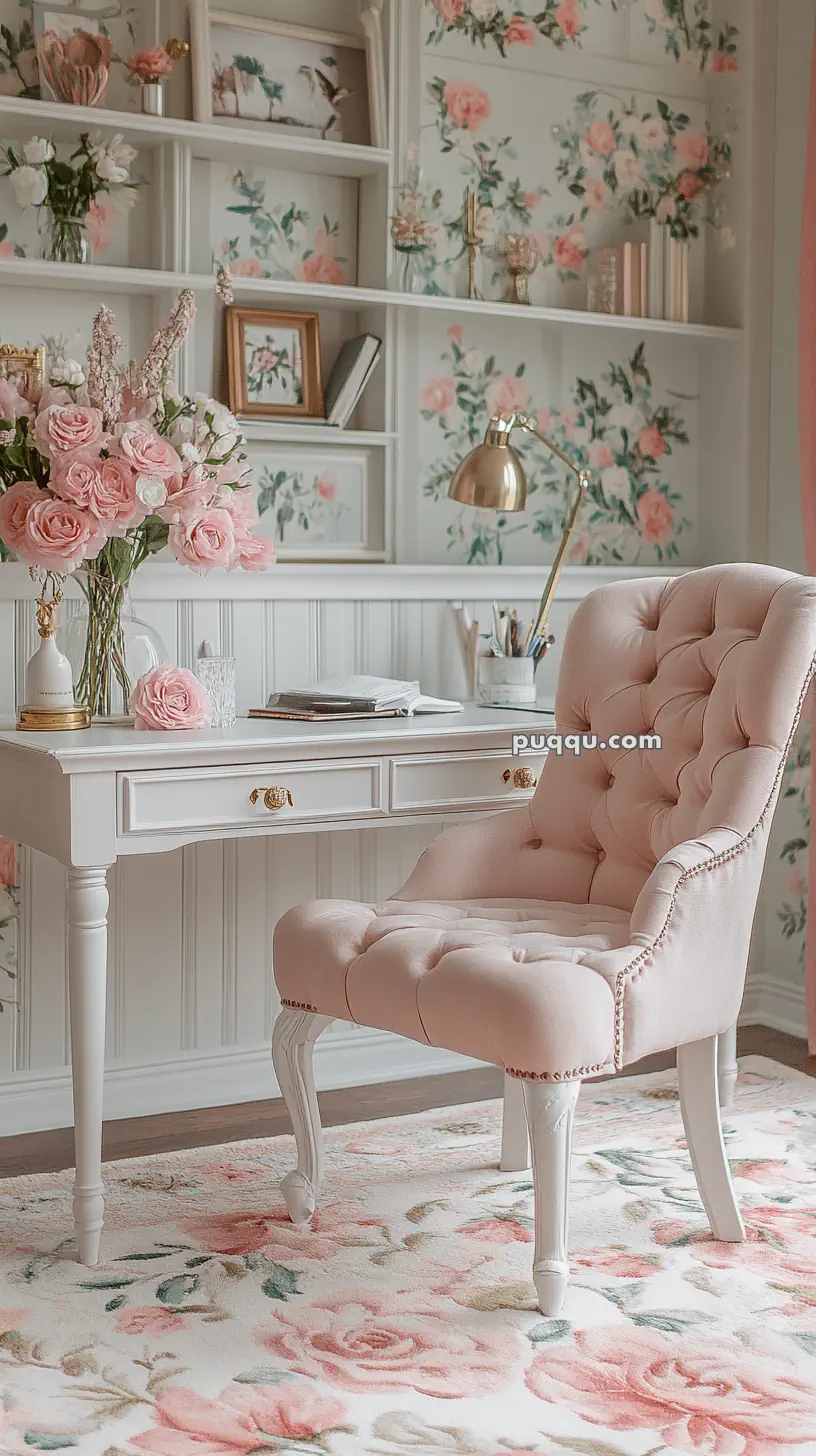 Elegant workspace with a white desk, pink tufted chair, floral wallpaper, and bouquets of pink roses.