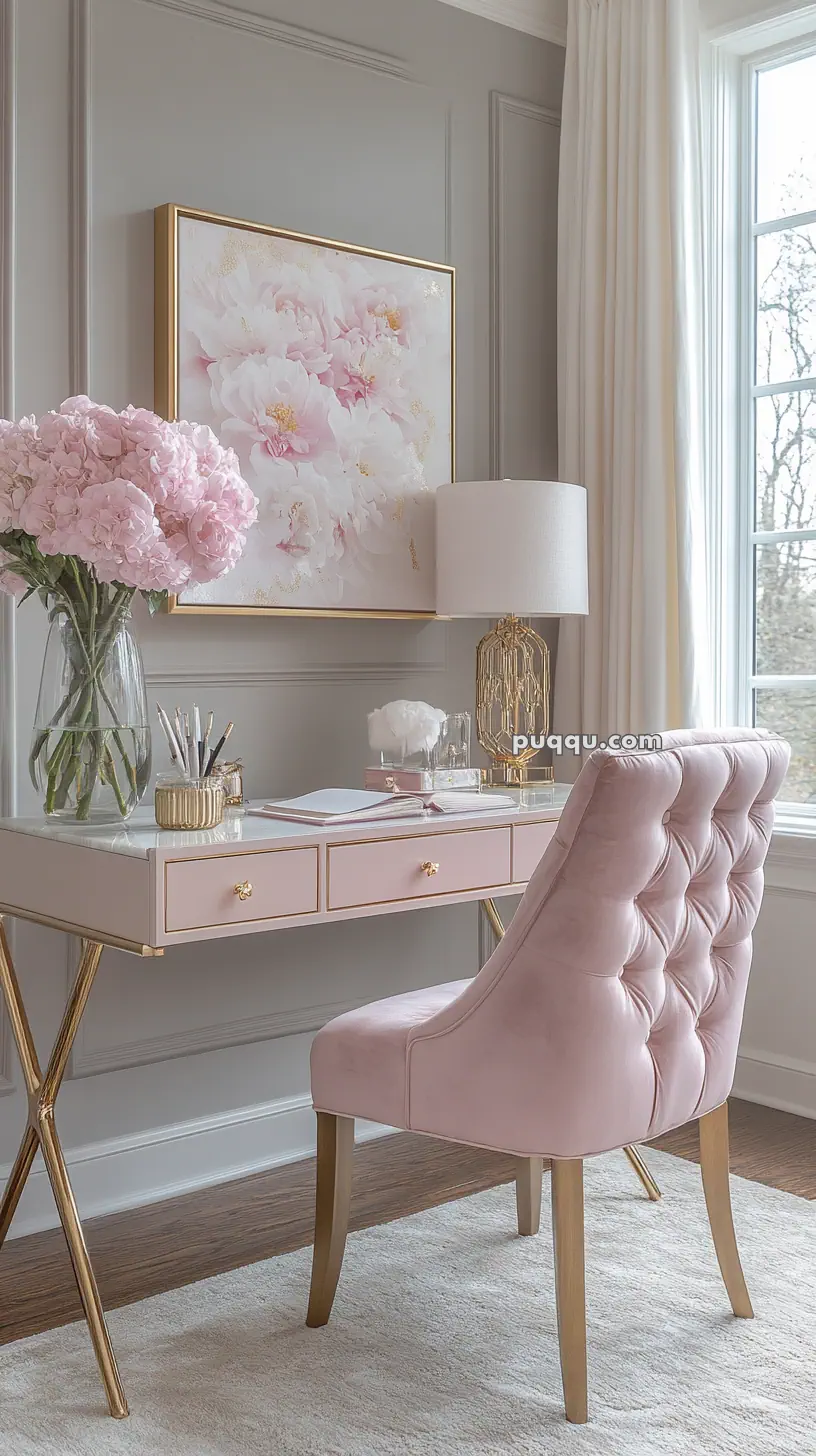 Elegant home office with a pink tufted chair, pink desk, large floral painting, and gold accents, featuring a vase of pink flowers and a decorative lamp.