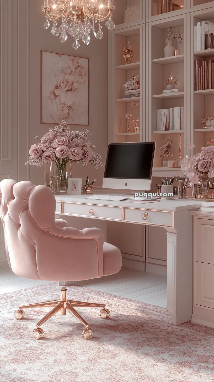 Elegant home office with a pink upholstered chair, a white desk, a computer, and decorative shelving.