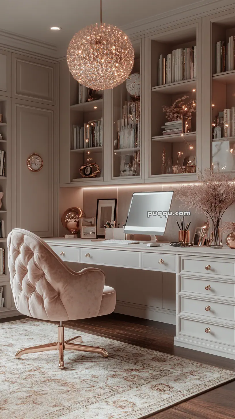 A stylish home office with elegant decor, featuring a tufted swivel chair, built-in shelves with books and accessories, a modern desk with an iMac, and a large, ornate chandelier overhead.