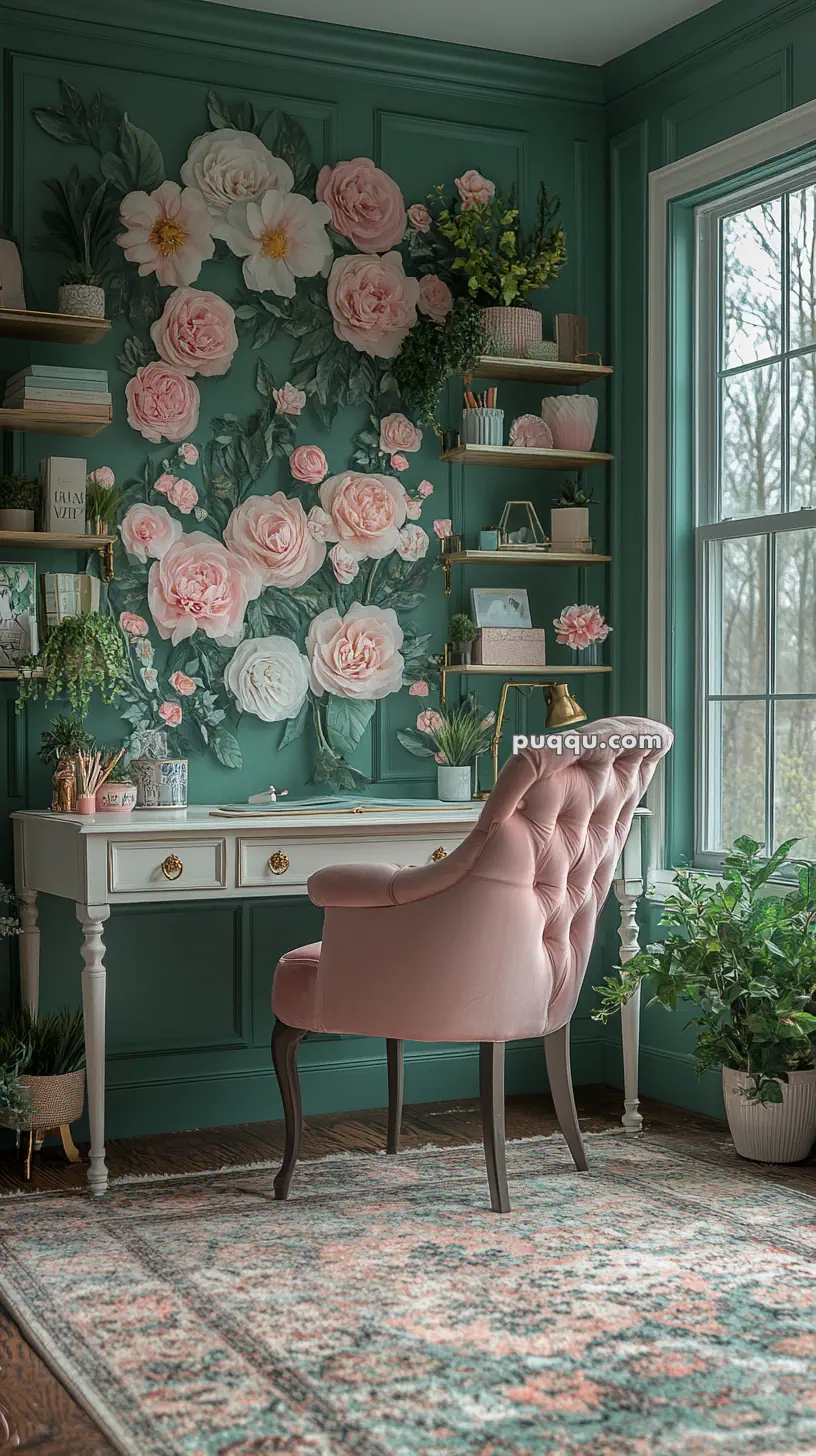 A beautifully decorated home office with a vintage-style desk, pink tufted chair, floral wall art, and green walls.