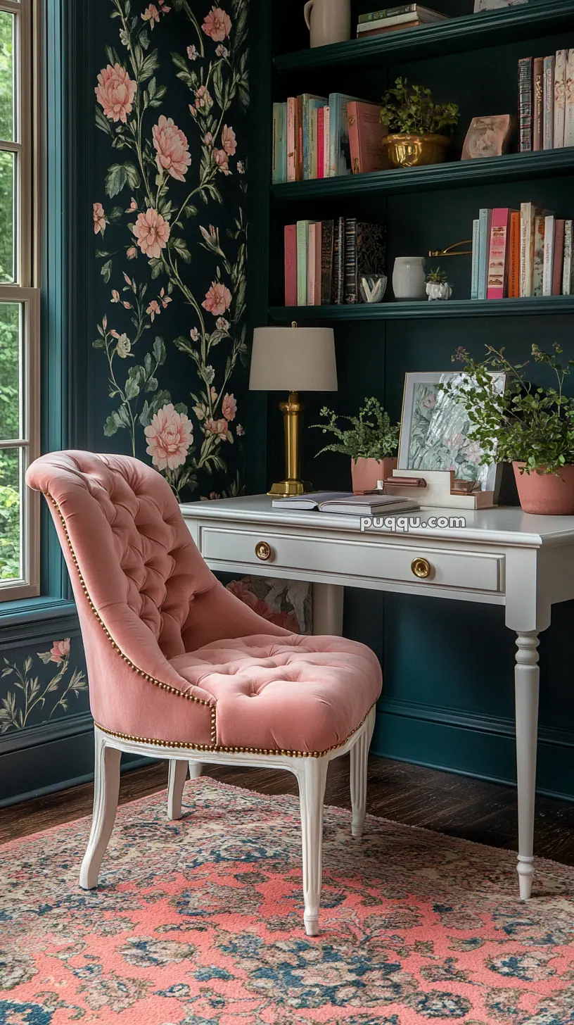 Elegant home office with a floral wallpaper, pink tufted chair, white desk, and shelves with books and plants.