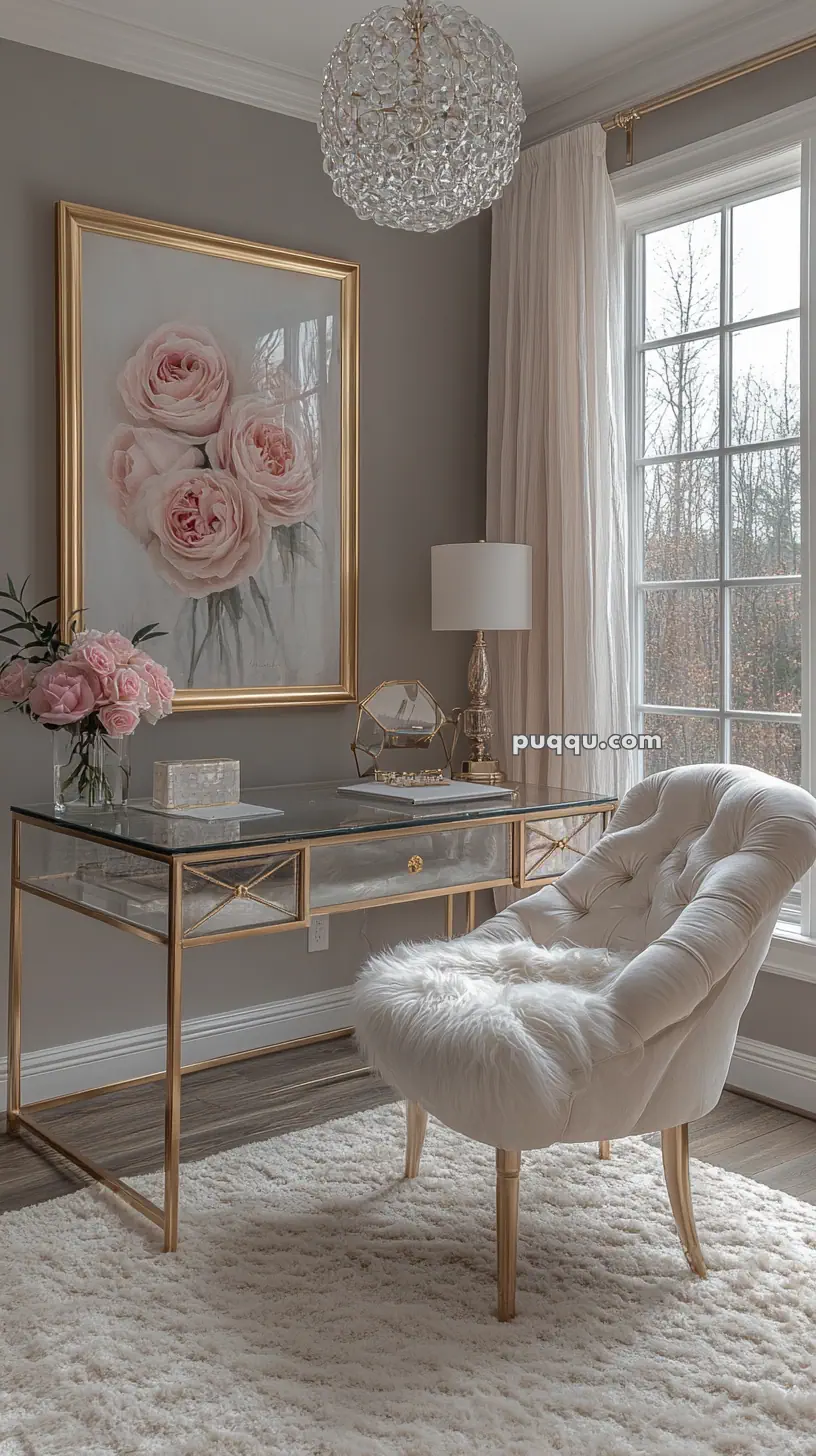 Elegant home office with a tufted white chair, a glass and gold desk, pink rose decorations, a floral painting, a table lamp, and large window with sheer curtains.