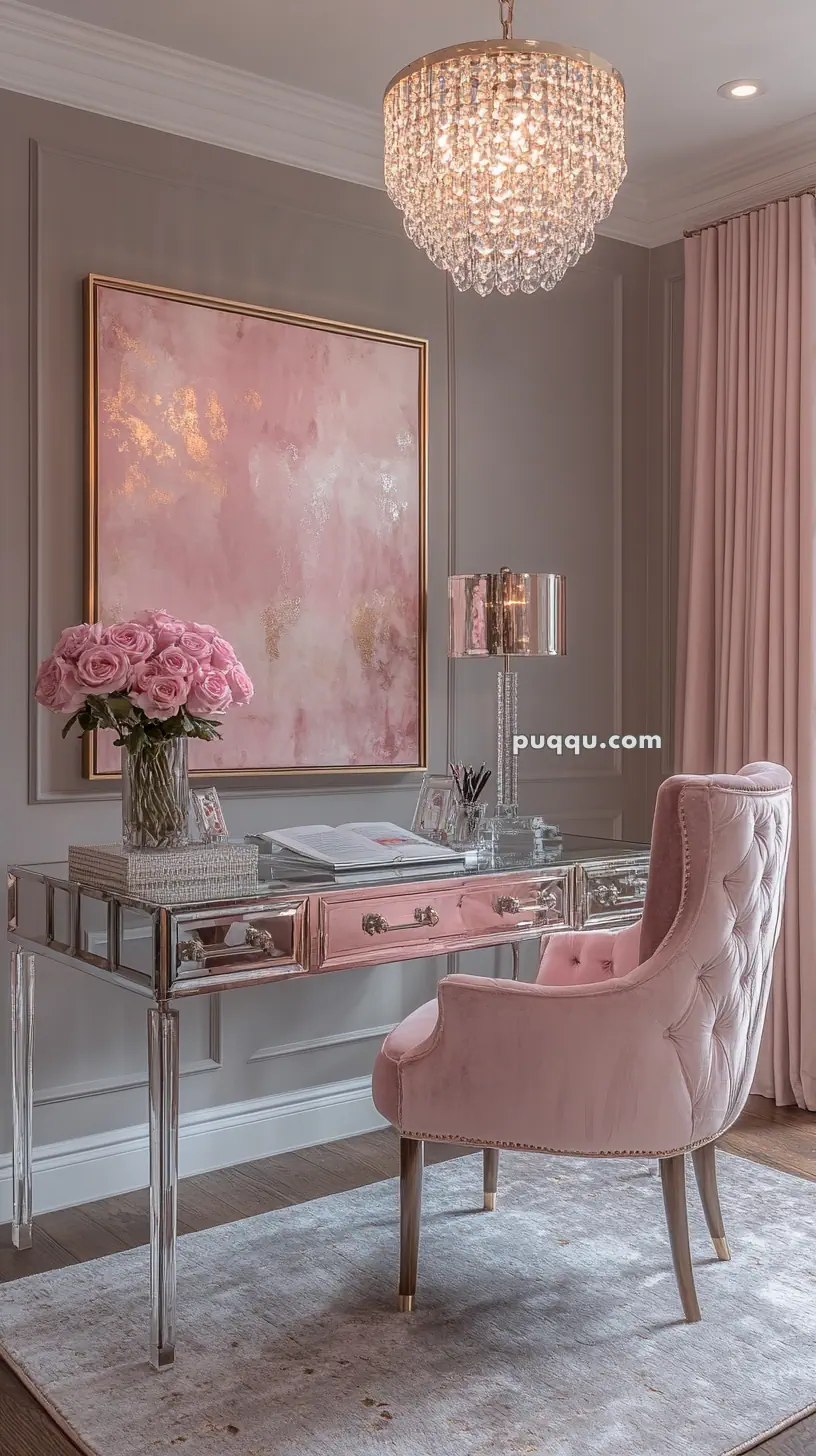 Elegant home office with a mirrored desk, pink velvet chair, pink floral decor, abstract pink artwork, and a crystal chandelier.