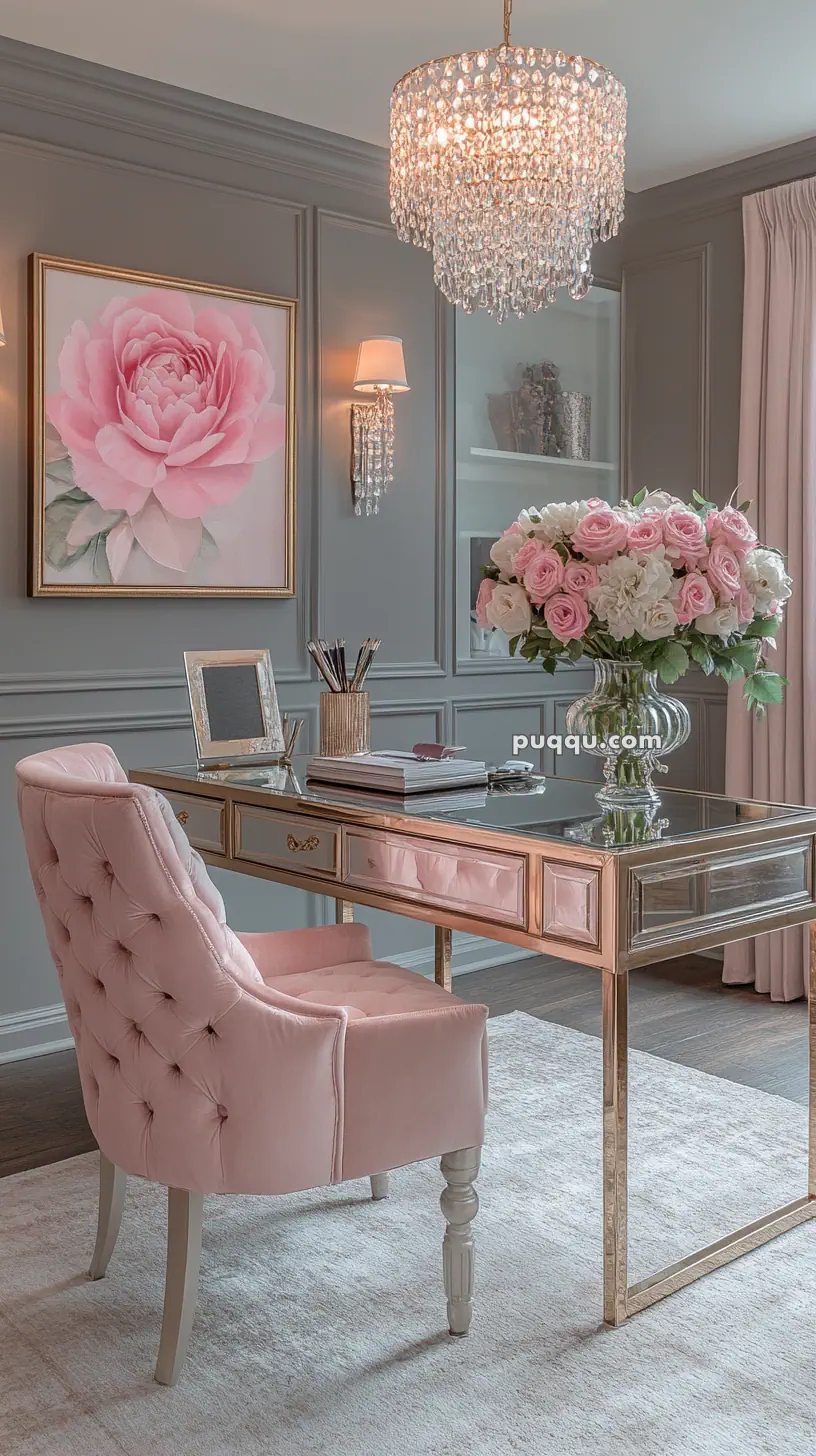 Elegant home office with a tufted pink chair, a mirrored desk, a large bouquet of pink and white roses, a crystal chandelier, and a painting of a pink flower on the wall.