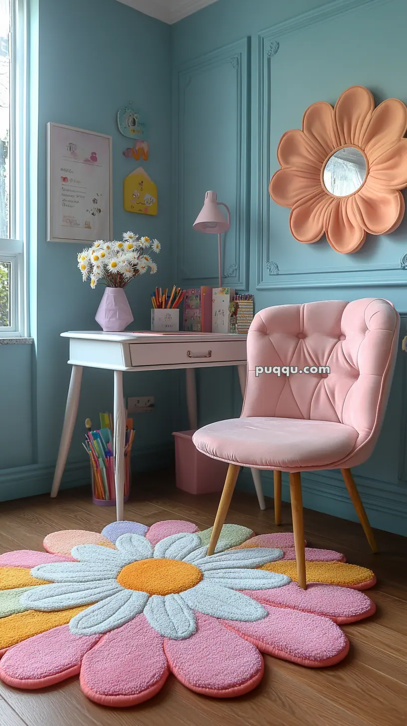 Cozy room with a pink velvet chair, white desk, floral decor, and a colorful daisy-shaped rug on a wooden floor.