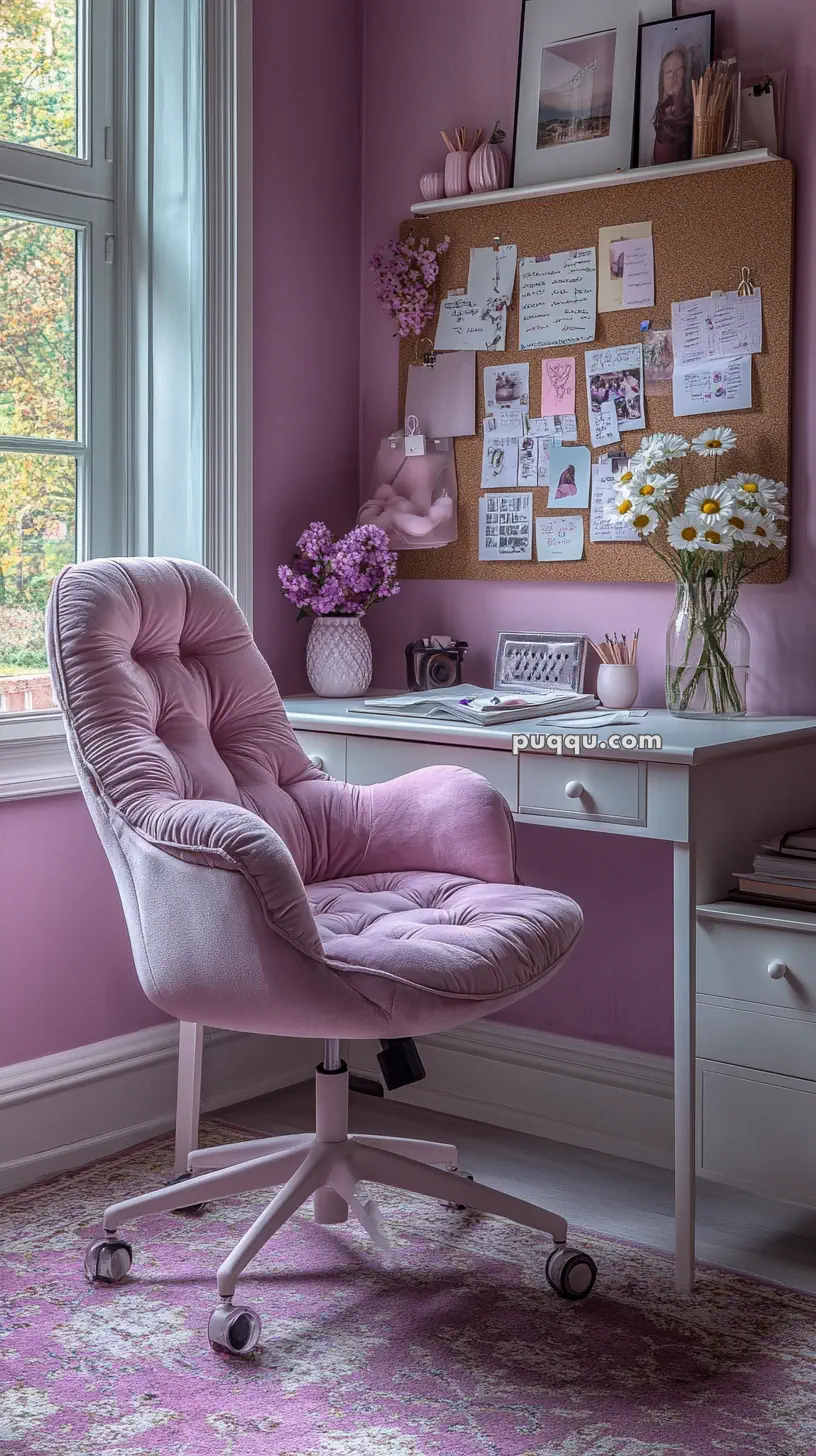 Cozy feminine workspace with a pink cushioned chair, white desk, and corkboard decorated with pictures and notes.