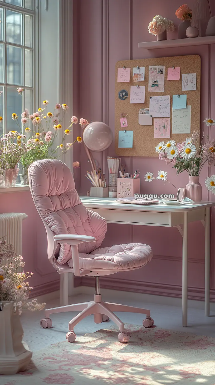 Pink-themed study nook with a cushioned chair, desk, corkboard with notes, and flowers in vases by a window.