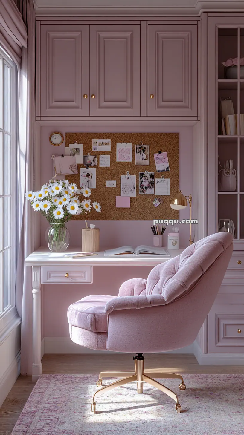 A pastel pink home office with a tufted pink chair, a desk decorated with white daisies, and a corkboard with pinned photos and notes.