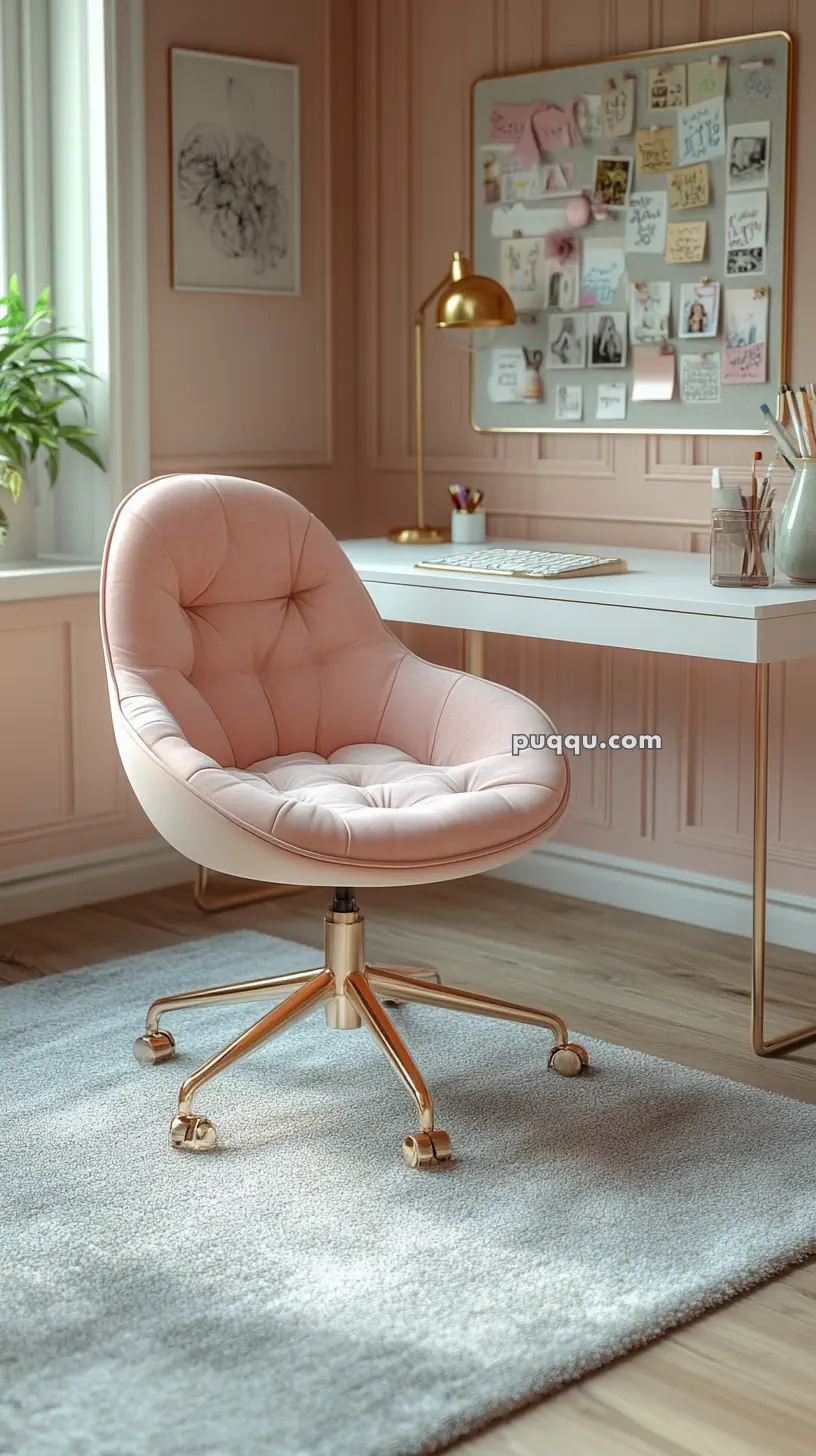 A stylish pink office chair with gold legs on a gray rug in a chic, pink-themed workspace with a desk and bulletin board.