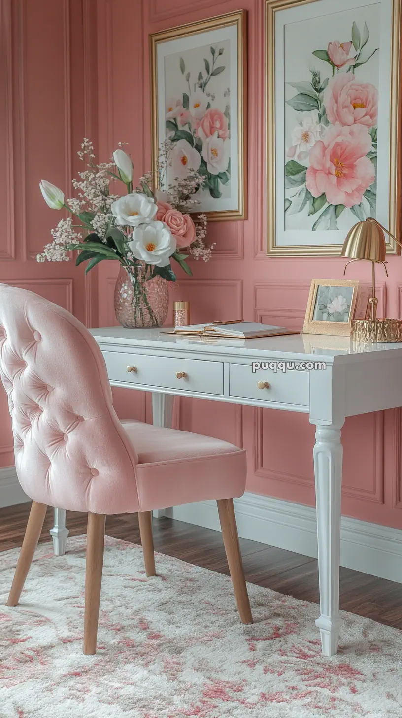 Elegant pink-themed office space with a tufted pink chair, white desk, floral artwork, and decorative flowers on the desk.