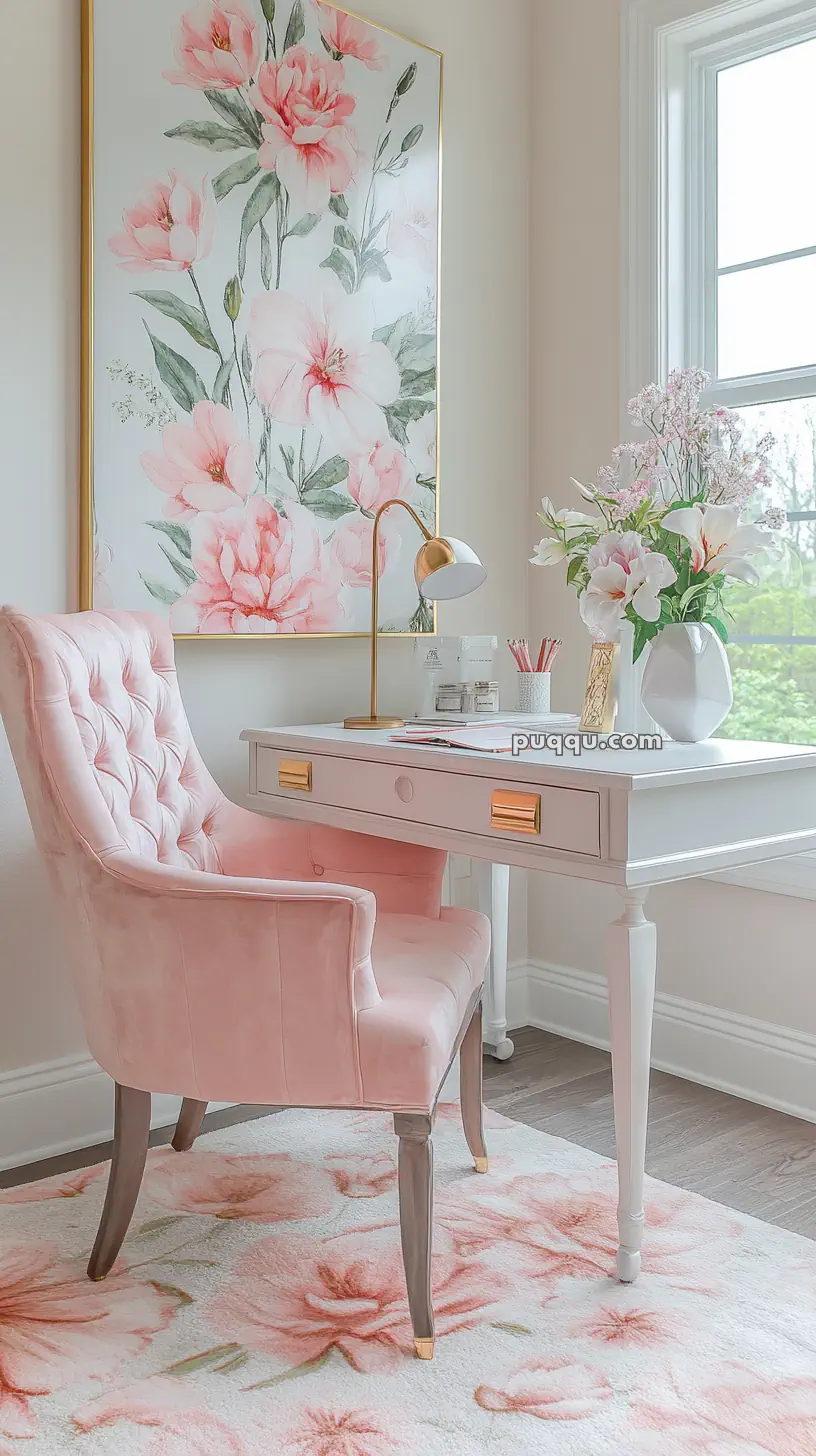 Elegant home office with a pink velvet chair, a white desk, large floral artwork, and a window providing natural light.