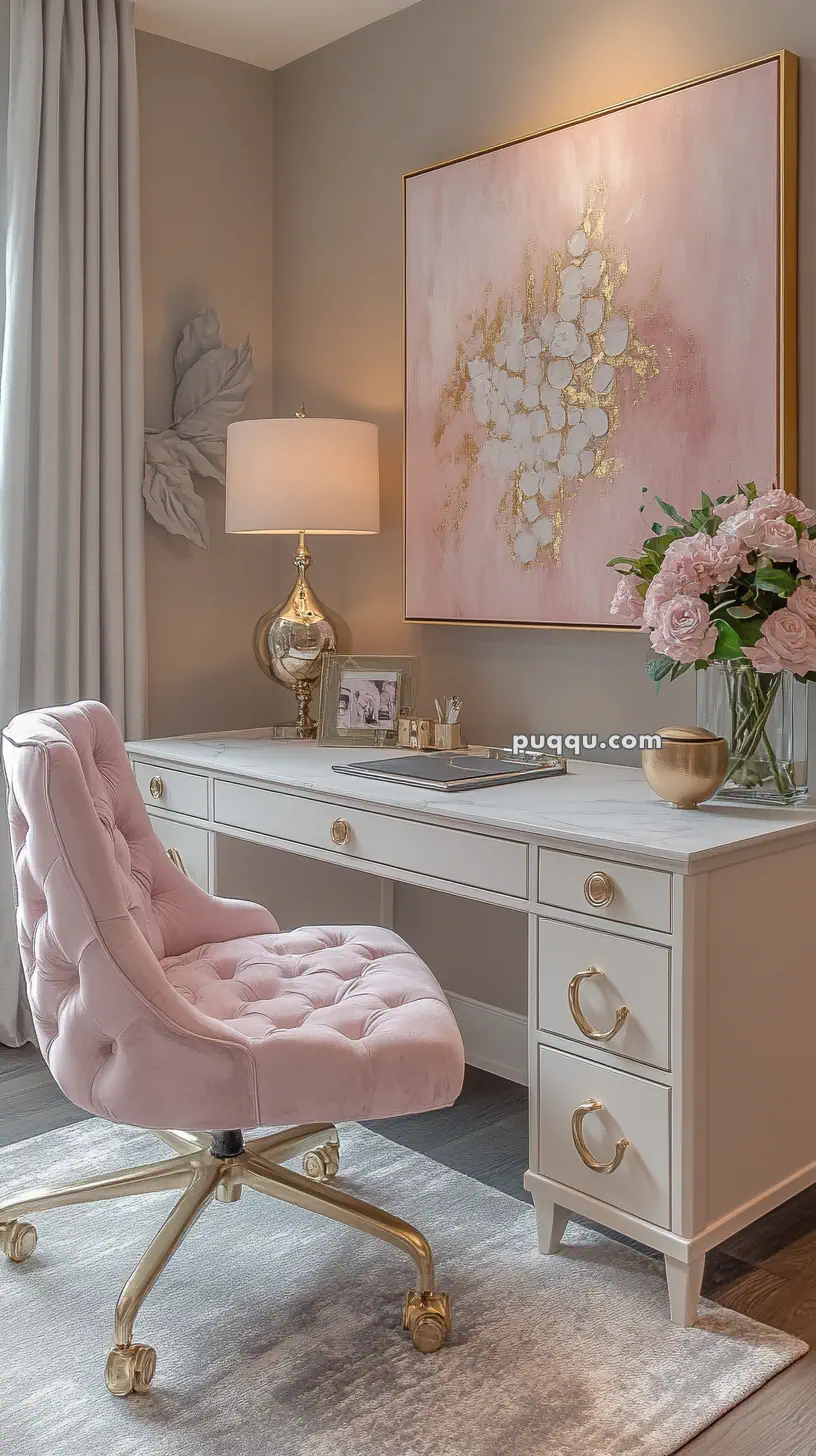 A stylish home office with a white desk, pink tufted chair, and a gold-accented lamp. A large abstract pink and gold painting hangs on the wall, and a vase of pink flowers is on the desk.